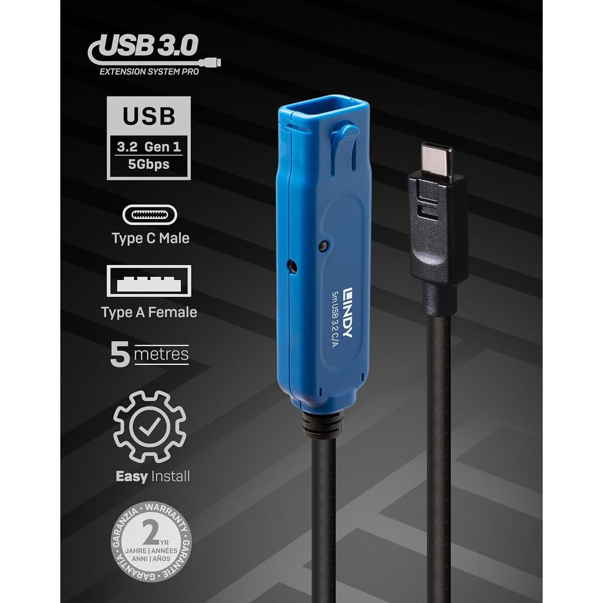 LINDY 5m USB 3.2 Gen 1 C/A Active Extension Pro