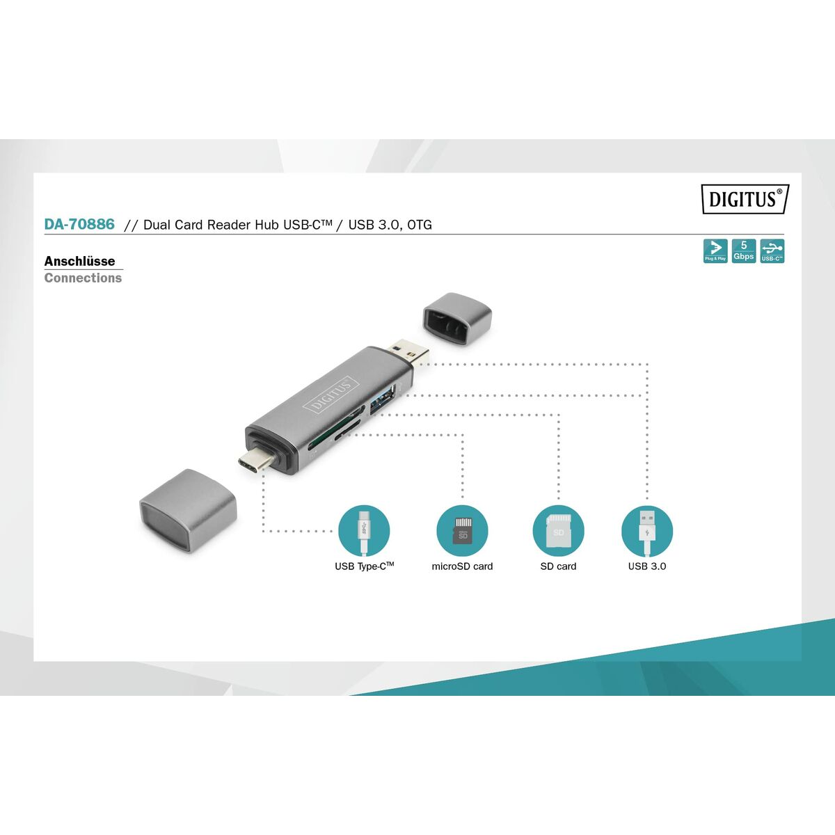 Digitus DA-70886 lecteur de carte mémoire USB 3.2 Gen 1 (3.1 Gen 1) Type-A/Type-C Aluminium