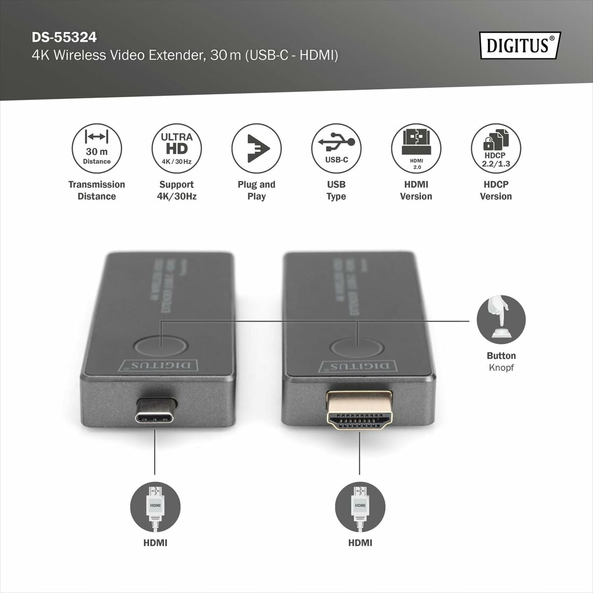 Extenseur sans fil USB-C vers HDMI 30m UHD 4K30Hz audio (ensemble)