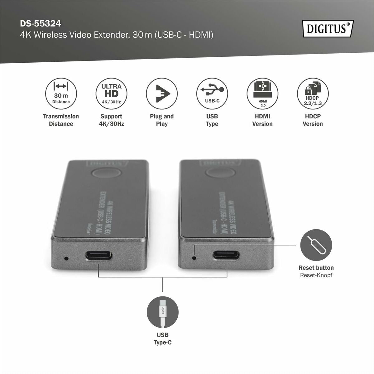 Extenseur sans fil USB-C vers HDMI 30m UHD 4K30Hz audio (ensemble)