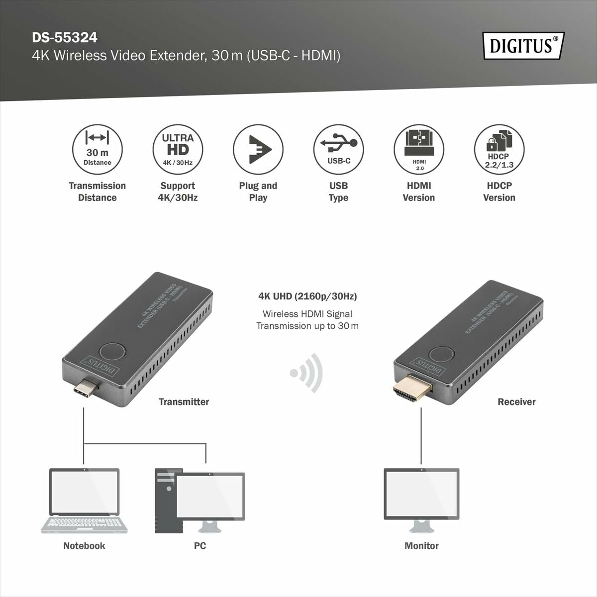 Extenseur sans fil USB-C vers HDMI 30m UHD 4K30Hz audio (ensemble)