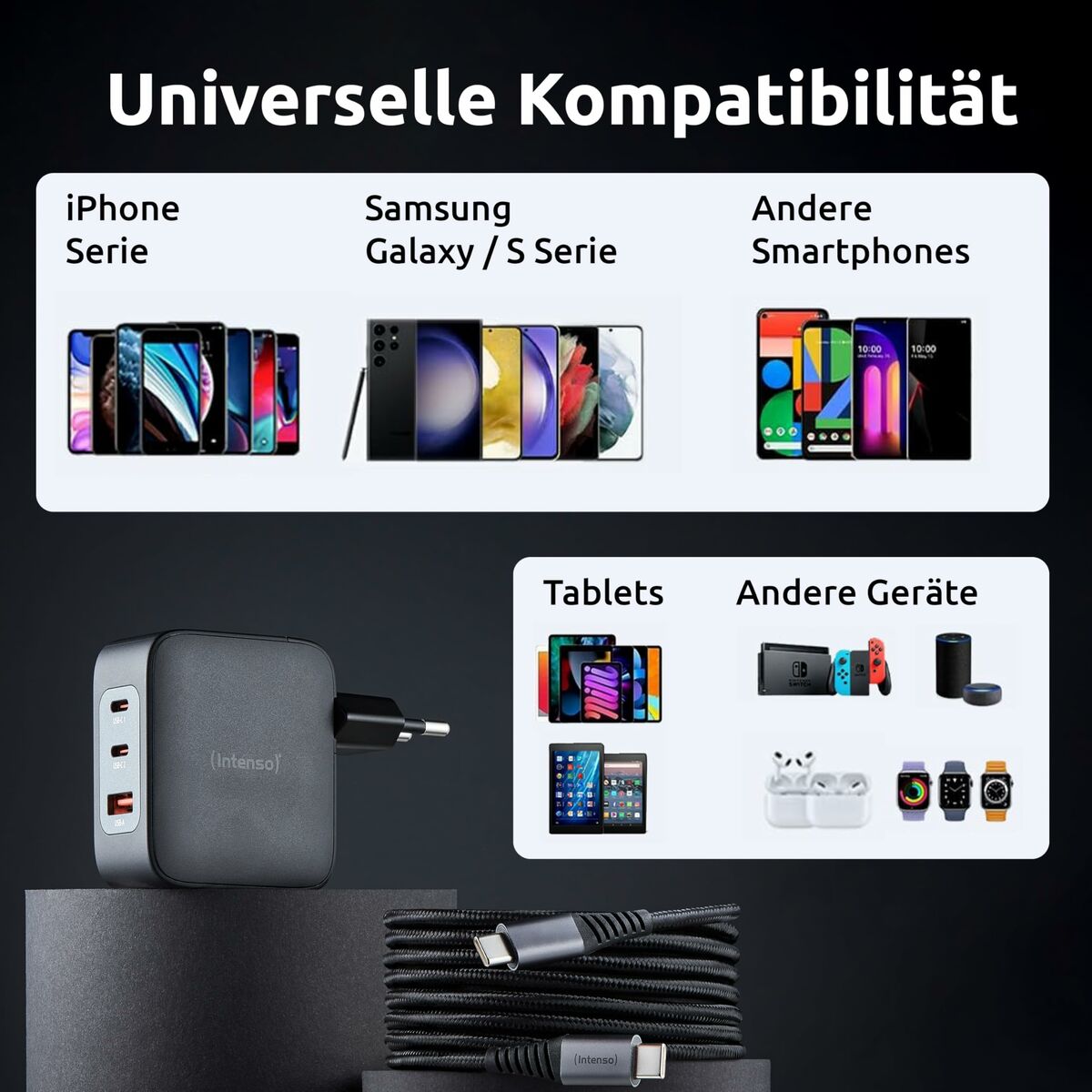 CHARGEUR SECTEUR USB TYPE C 100 W AVEC CORDON 2,0 M