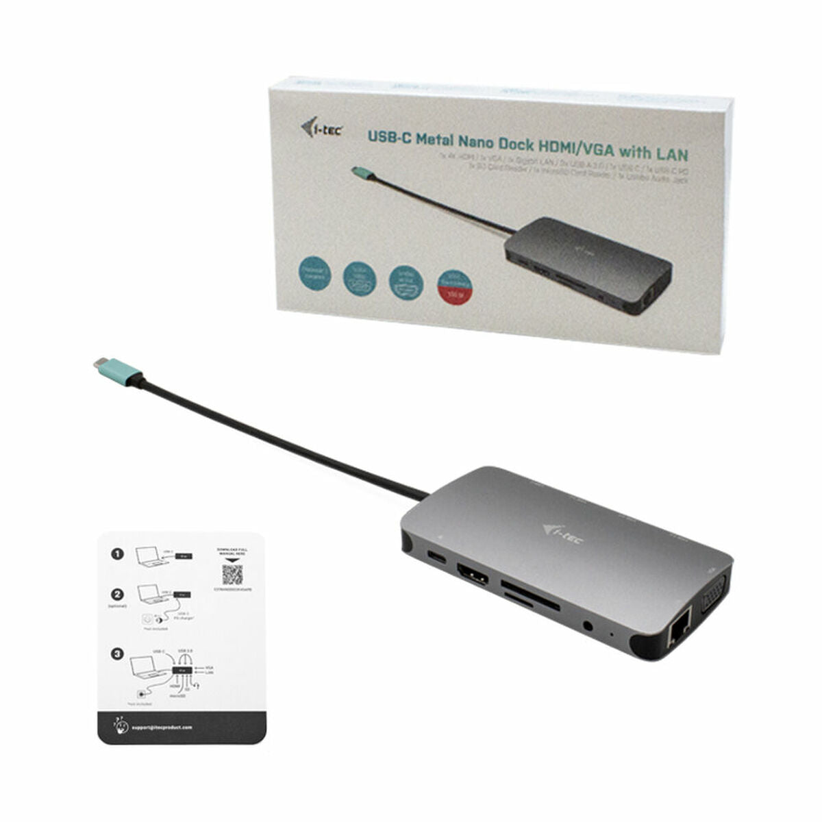I-TEC USB-C Metal Nano Dock 1xHDMI 1xVGA 1xSD,1xmicroSD Cardreader 1xGLAN 3xUSB 3.1 1xUSB-C Data 1xUSB-C PD Sans Alimentation