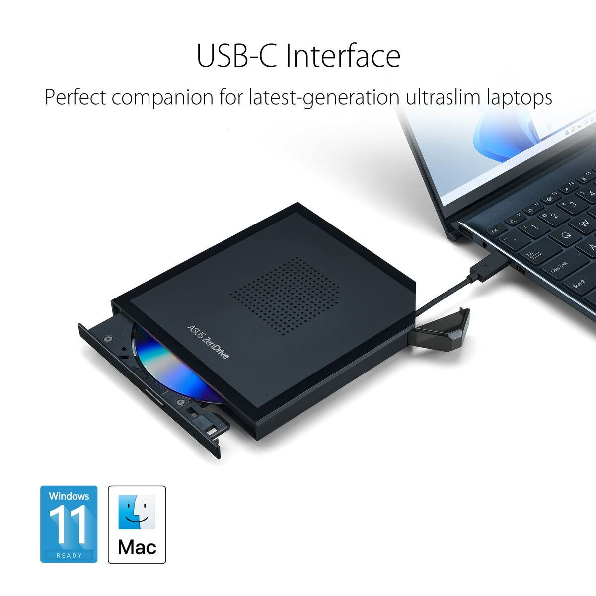 ASUS ZenDrive V1M USB-C external DVD Writer with built-in cable-storage design M-DISC support Backup SW Black