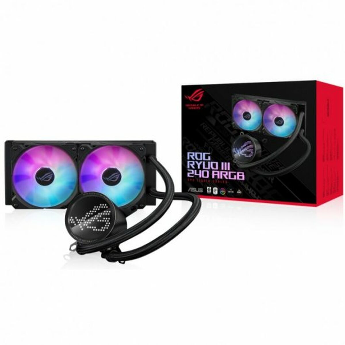 ASUS ROG RYUO III 240 ARGB all-in-one CPU liquid cooler with Asetek 8th gen pump solution and Anime Matrix LED Display