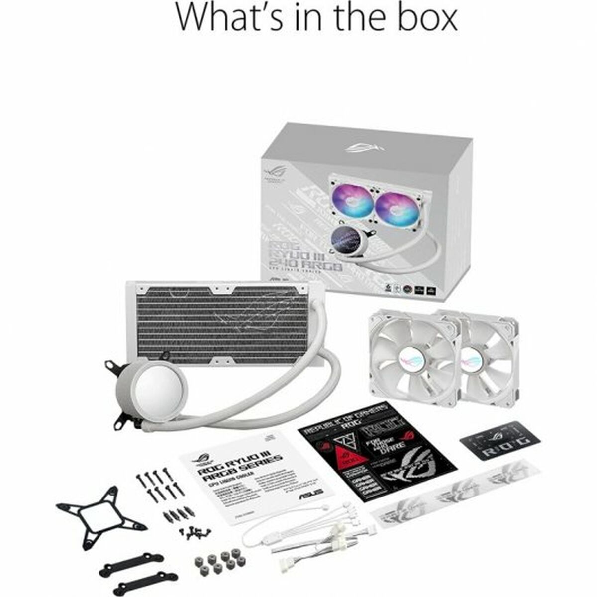 ASUS ROG RYUO III 240 ARGB white edition all-in-one CPU liquid cooler with Asetek 8th gen pump solution and Anime Matrix LED Display