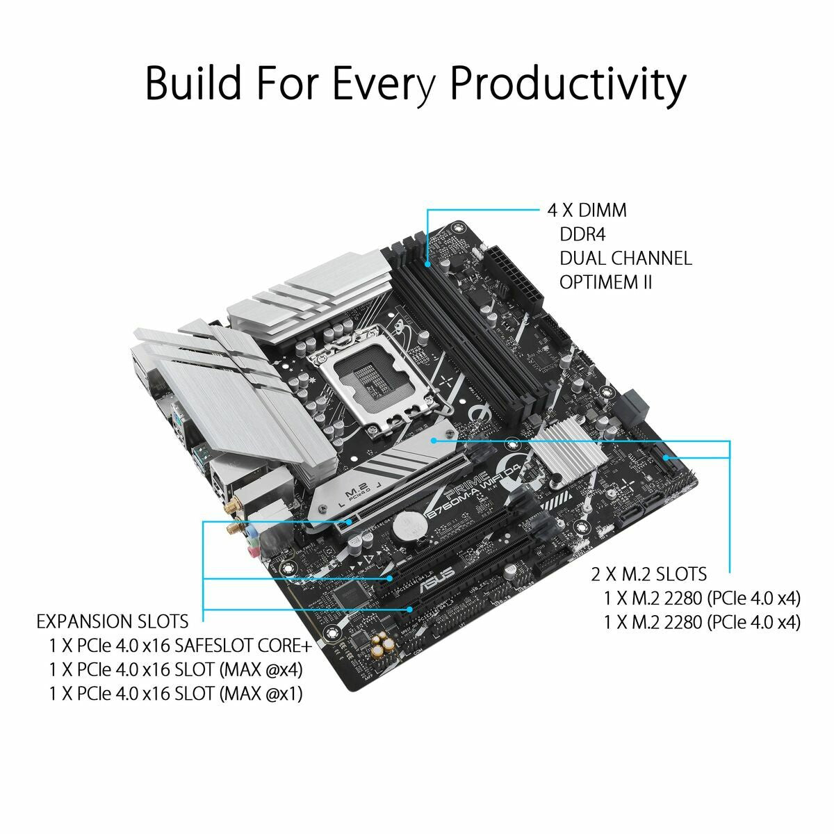 ASUS PRIME B760M-A WIFI D4 LGA 1700 4xDDR4 microATX 4xSATA MB 1xHDMI 2.1 1xDP 1.4 1xD-Sub 2xM.2