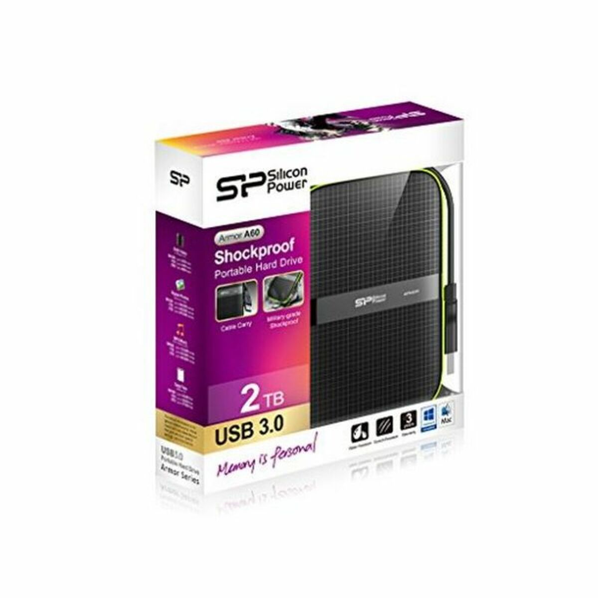 SILICON POWER External HDD Armor A60 2.5p 2To USB 3.0 IPX4 Black