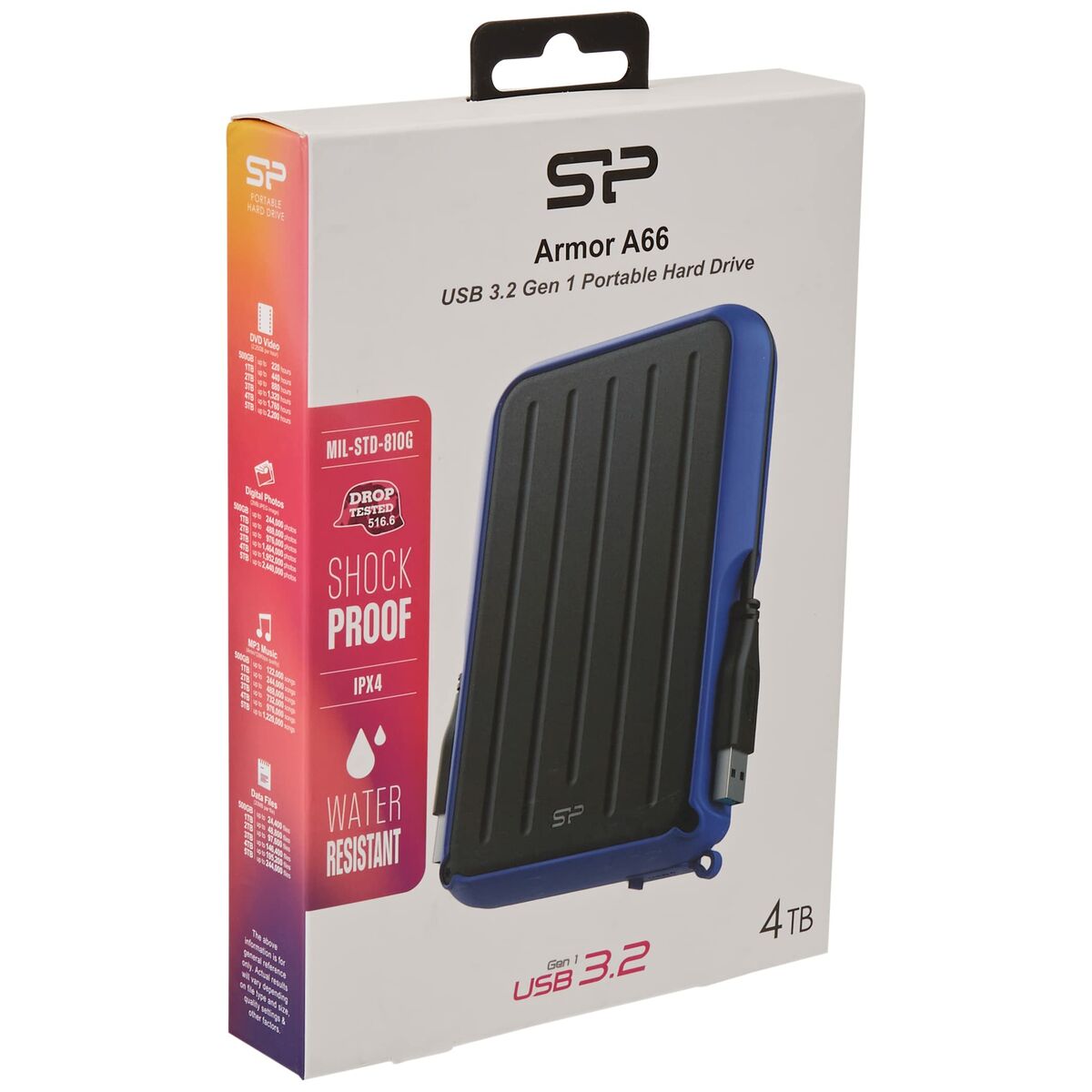 SILICON POWER External HDD Armor A66 2.5p 4To USB 3.2 IPX4 Blue