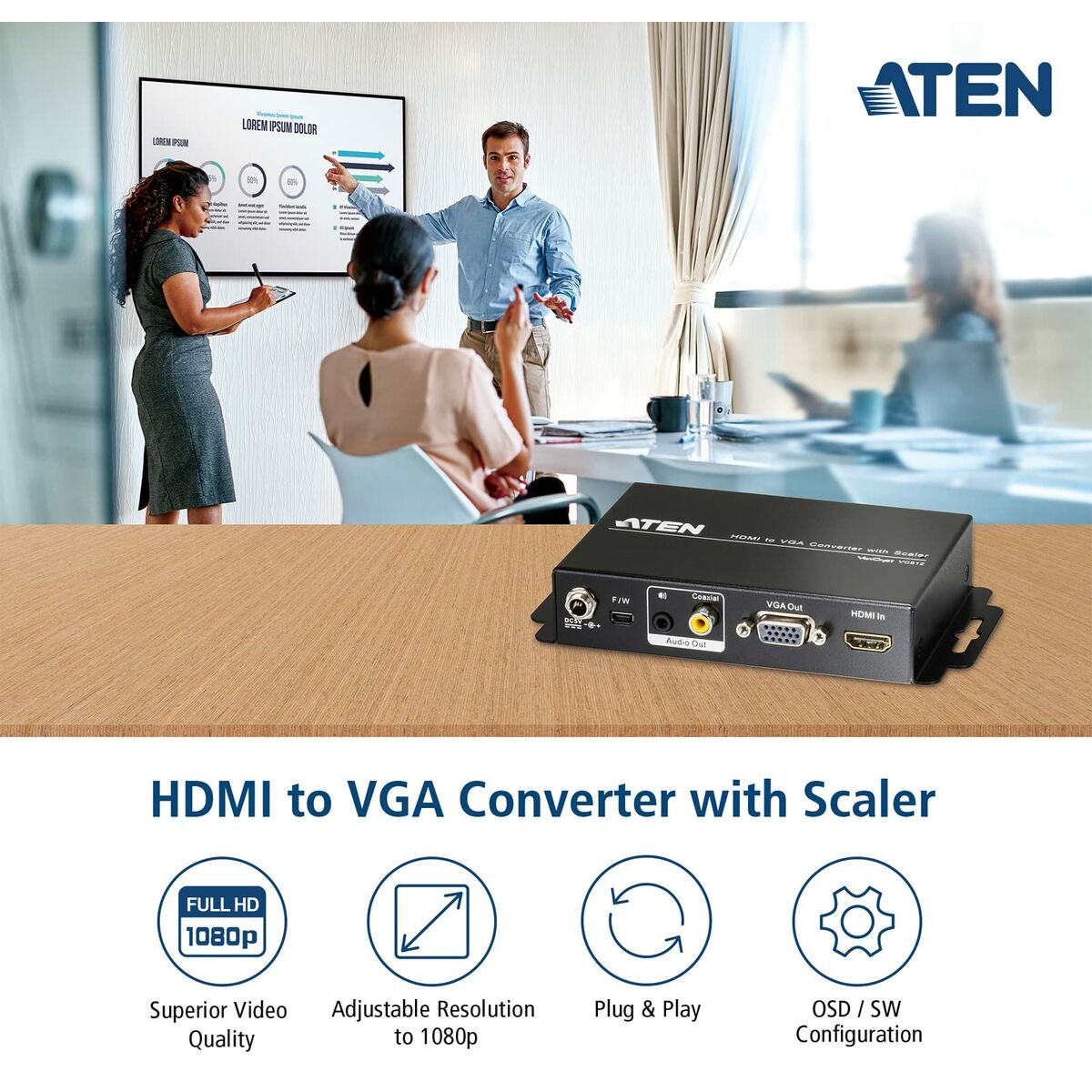 "ATEN Convertisseur HDMI-VGA avec convertisseur de format d’image - Convertisseur vidéo scaler - Noir - Métal - 1920 x 1200 pixels - 800 x 600,1024 x 768,1280 x "