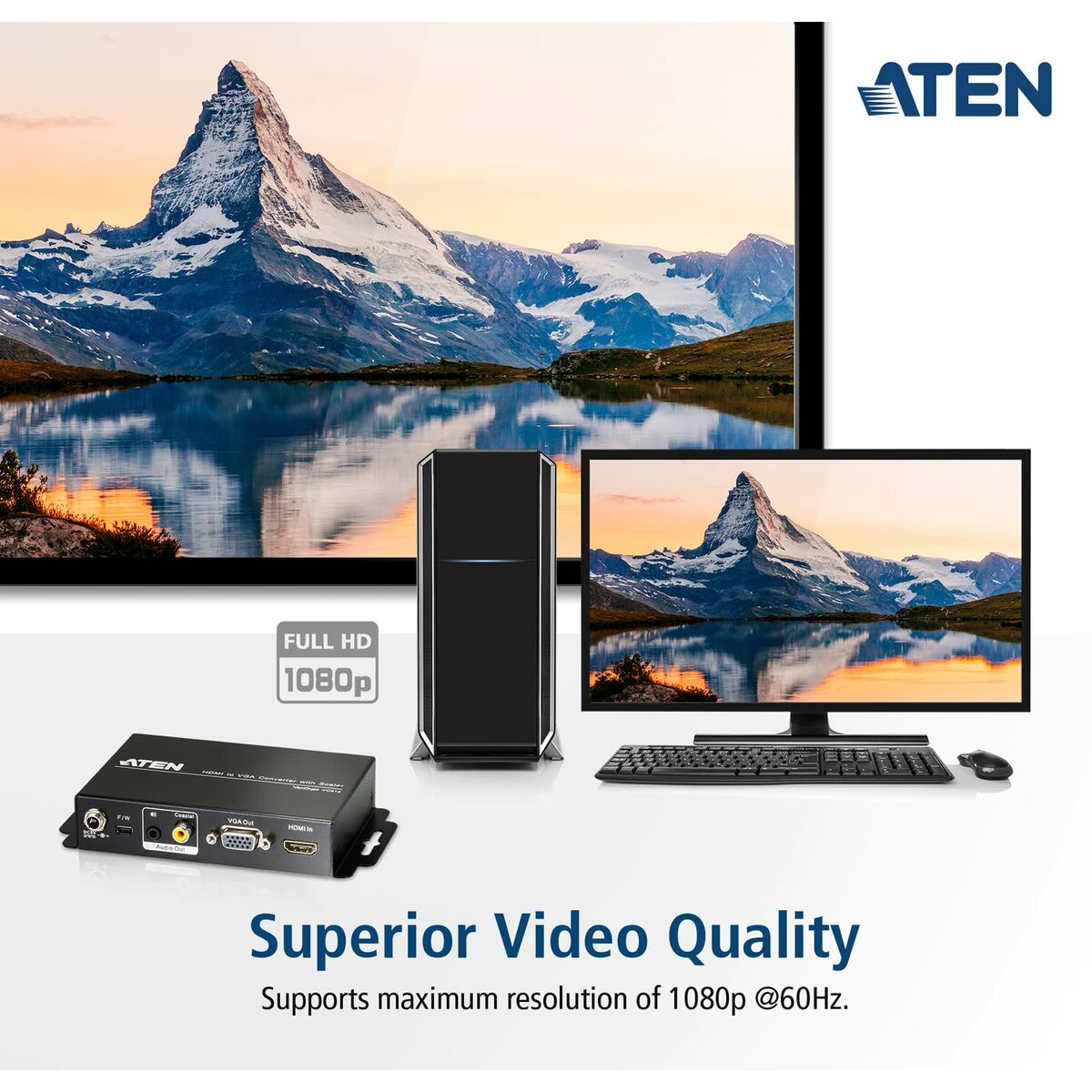 "ATEN Convertisseur HDMI-VGA avec convertisseur de format d’image - Convertisseur vidéo scaler - Noir - Métal - 1920 x 1200 pixels - 800 x 600,1024 x 768,1280 x "