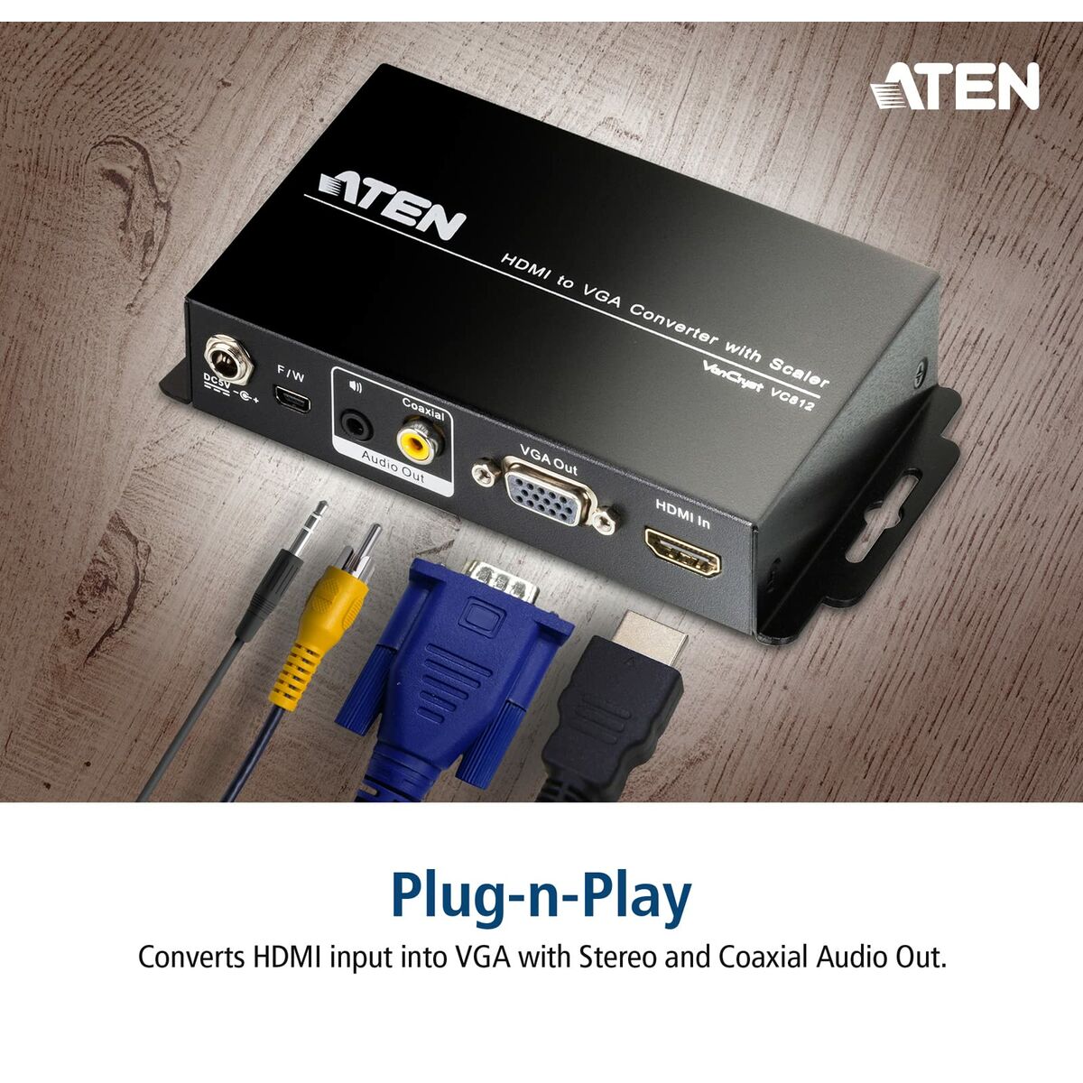 "ATEN Convertisseur HDMI-VGA avec convertisseur de format d’image - Convertisseur vidéo scaler - Noir - Métal - 1920 x 1200 pixels - 800 x 600,1024 x 768,1280 x "
