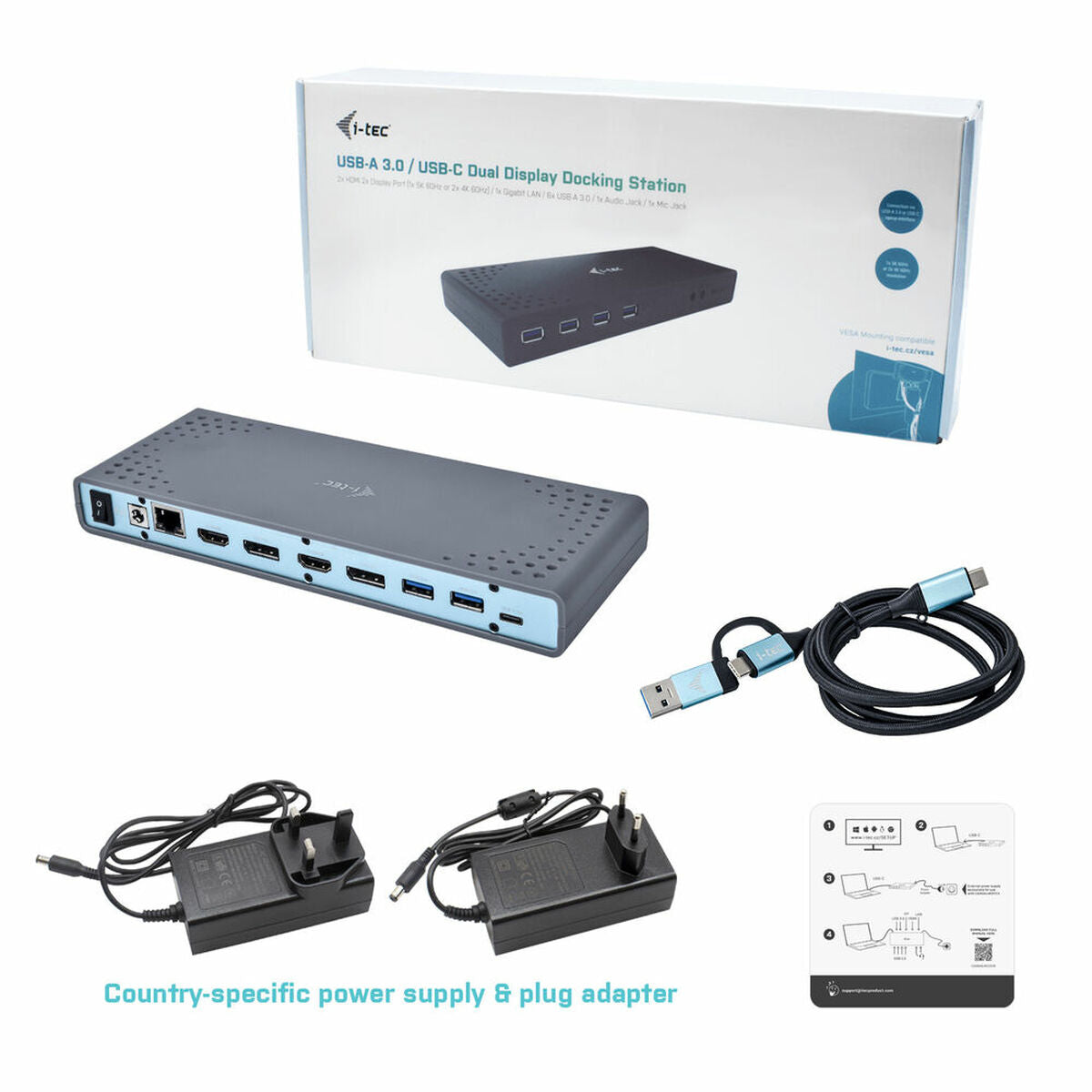 I-TEC USB 3.0/USB-C Dualdock 1x5K 2x4K 60Hz 2xHDMI 2xDP 1xGLAN 6xUSB 3.0 1xAudio/Mic Jack Kensington compatible with TB 3