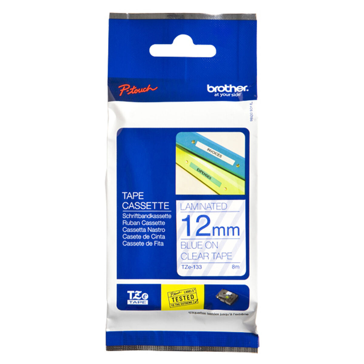 BROTHER Ruban TZe133 12mm Bleu sur fond Transparent Laminé 8M