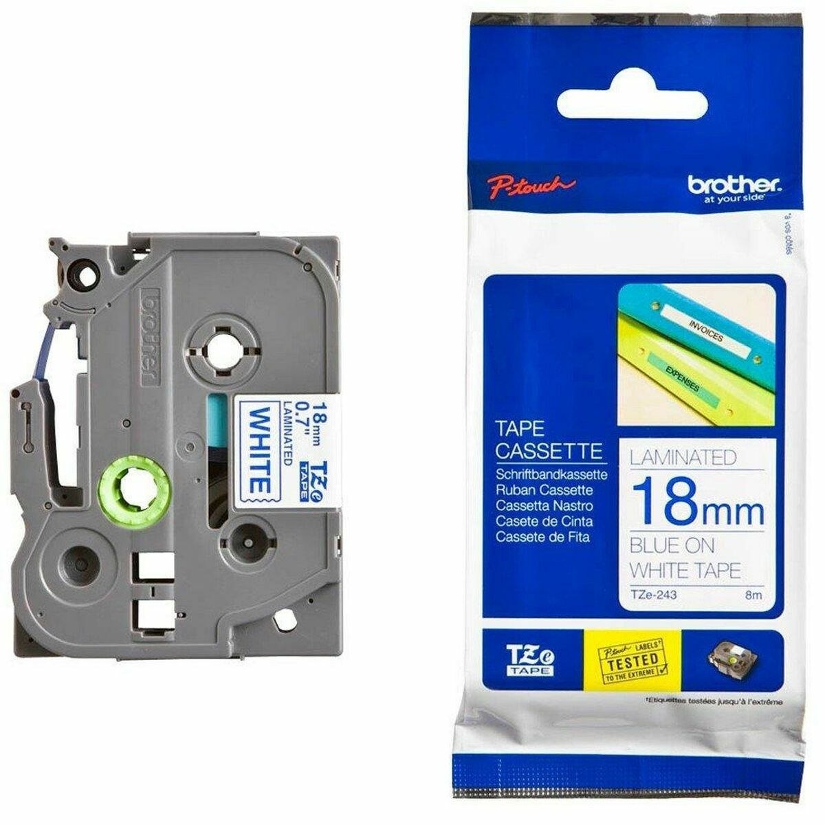 BROTHER P-TOUCH TZE-243 bleu sur blanc 18mm