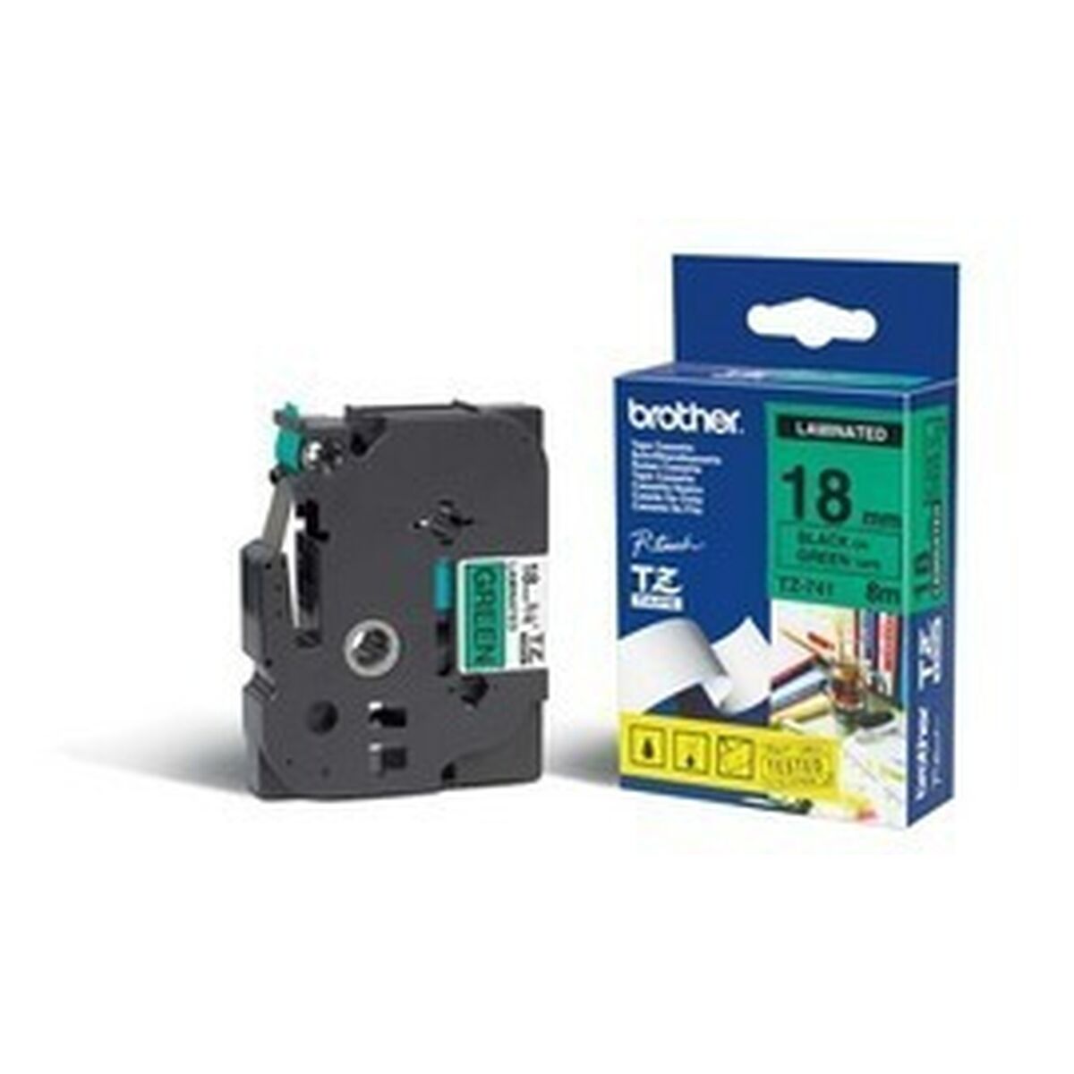 BROTHER P-TOUCH TZE-741 noir sur vert 18mm
