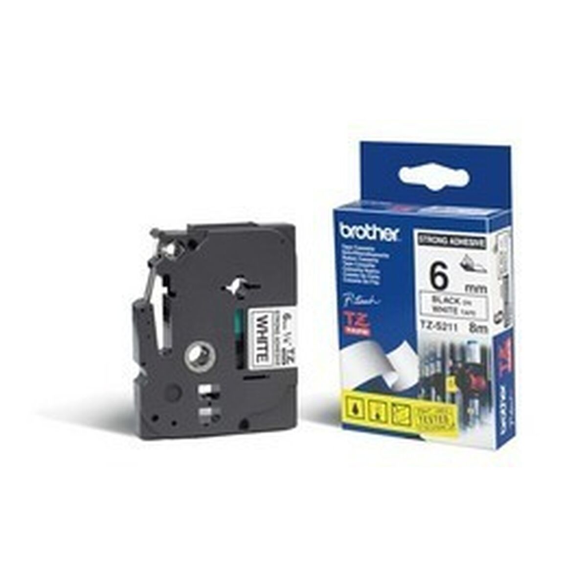 BROTHER P-TOUCH TZE-S211 noir sur blanc 6mm extra gluey
