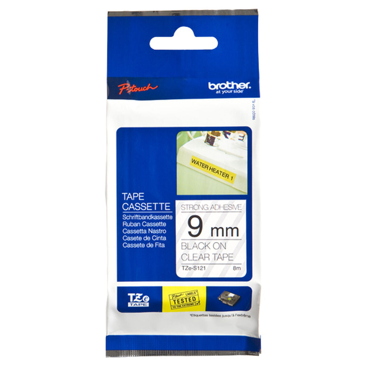BROTHER P-TOUCH TZE-S121 noir sur clear 9mm extra gluey