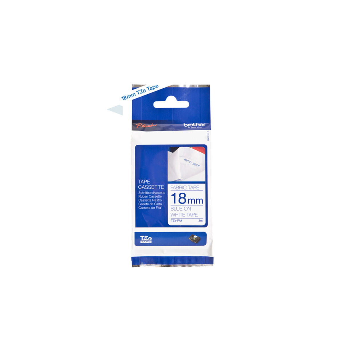 BROTHER Ruban TZeFA4B 18mm Bleu sur fond Blanc Thermo collant, 3M