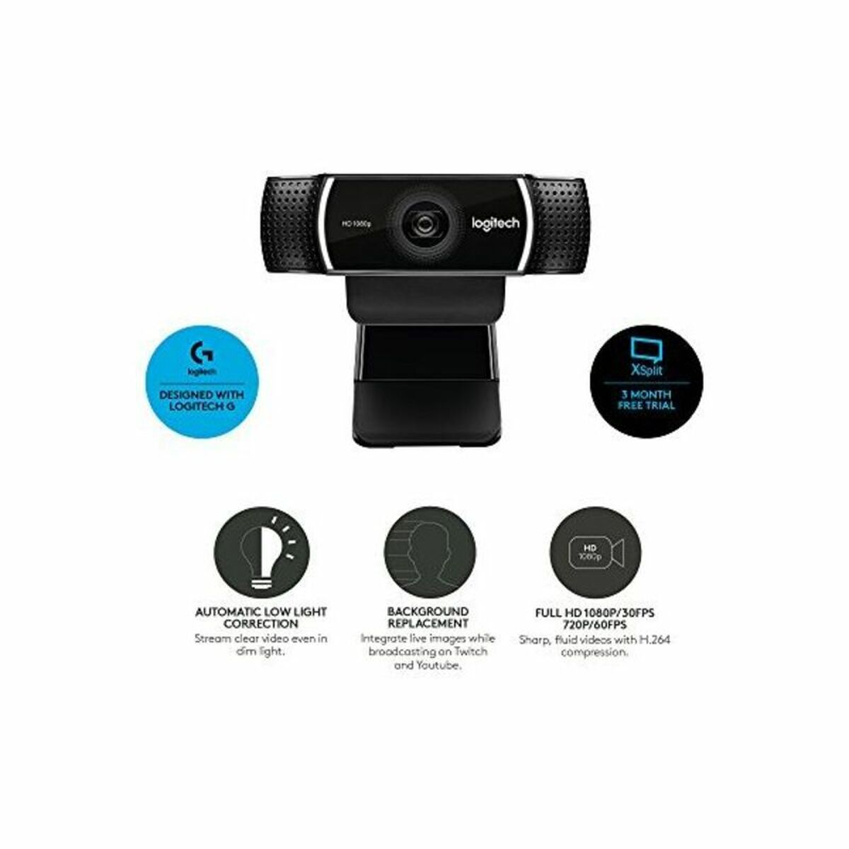 LOGITECH HD Pro Webcam C922 Webcam colour 720p 1080p H.264