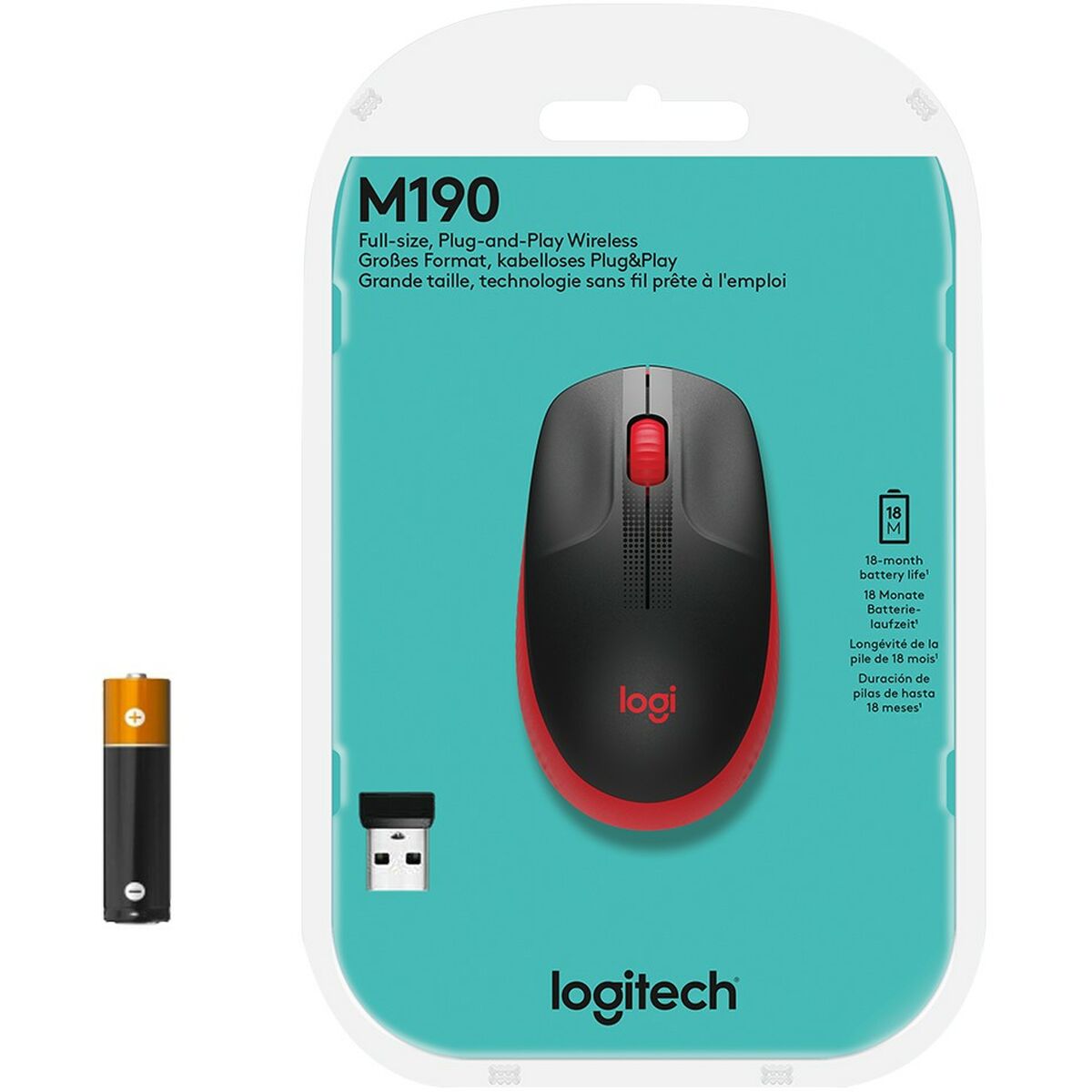 LOGITECH M190 Mouse optical 3 buttons wireless USB wireless receiver red