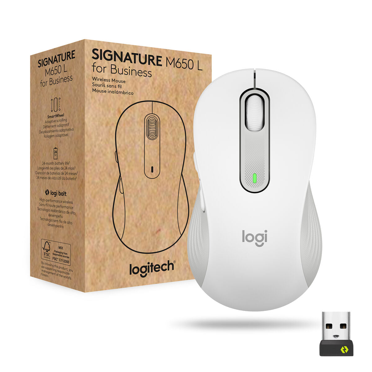 LOGITECH Signature M650 for Business Mouse wireless Bluetooth 2.4 GHz Bolt USB receiver off-white