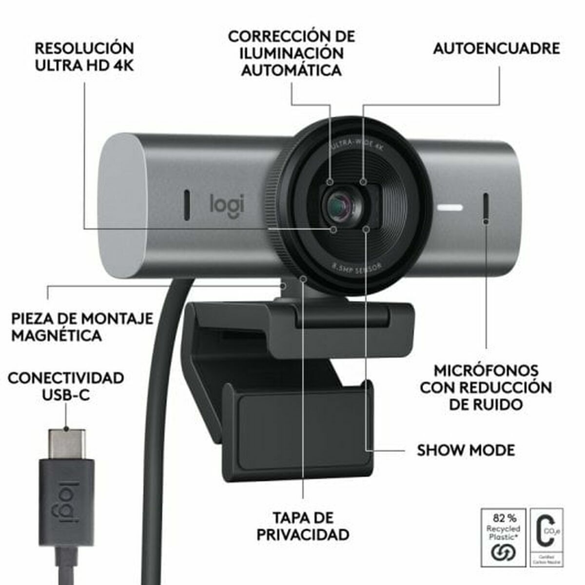 LOGITECH Master Series MX Brio Live streaming camera colour 8.5 MP 3840 x 2160 1080p 4K audio wired USB-C