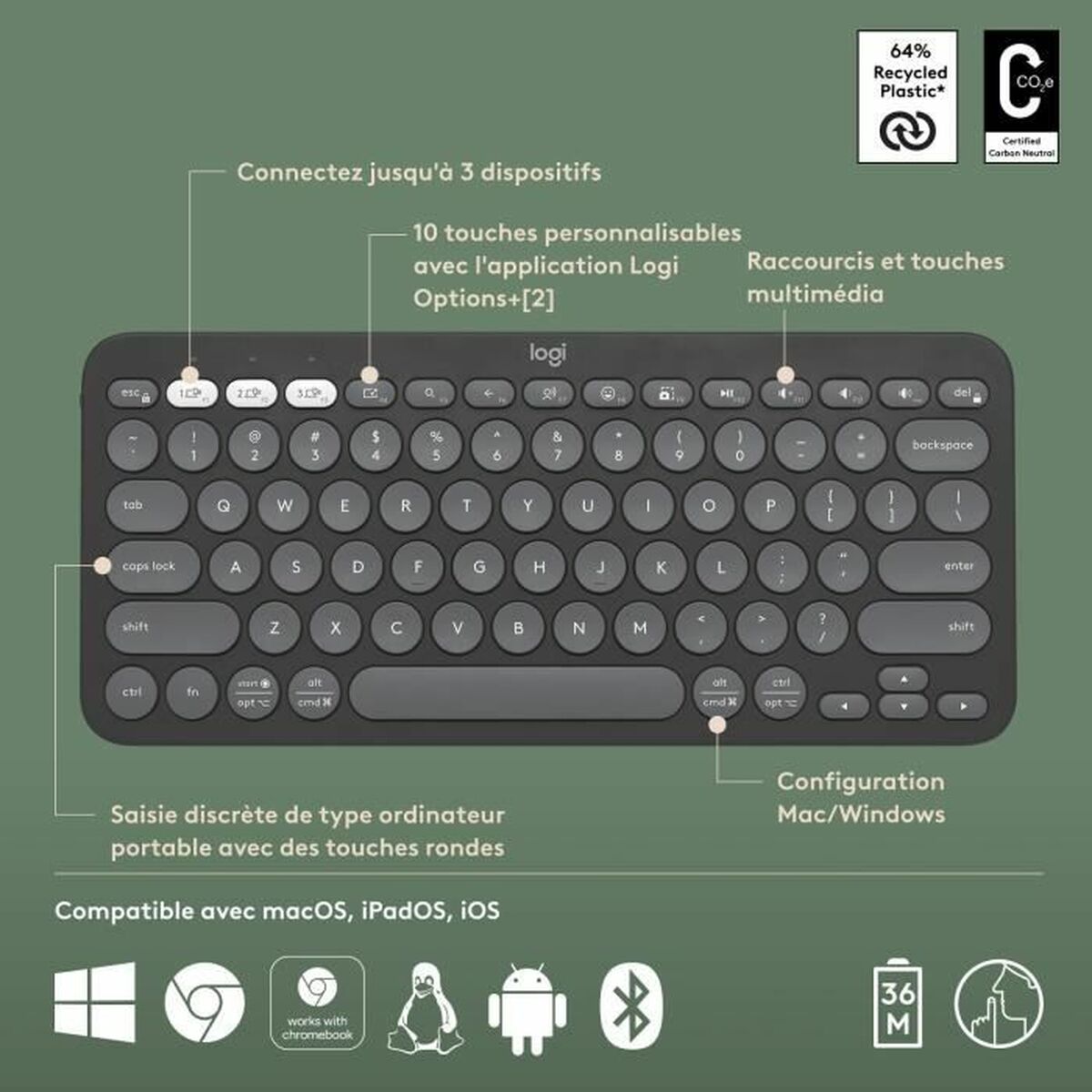 LOGITECH Pebble Keys 2 K380s - TONAL GRAPHITE - (FRA) - BT - N/A - CENTRAL-419 - UNIVERSAL