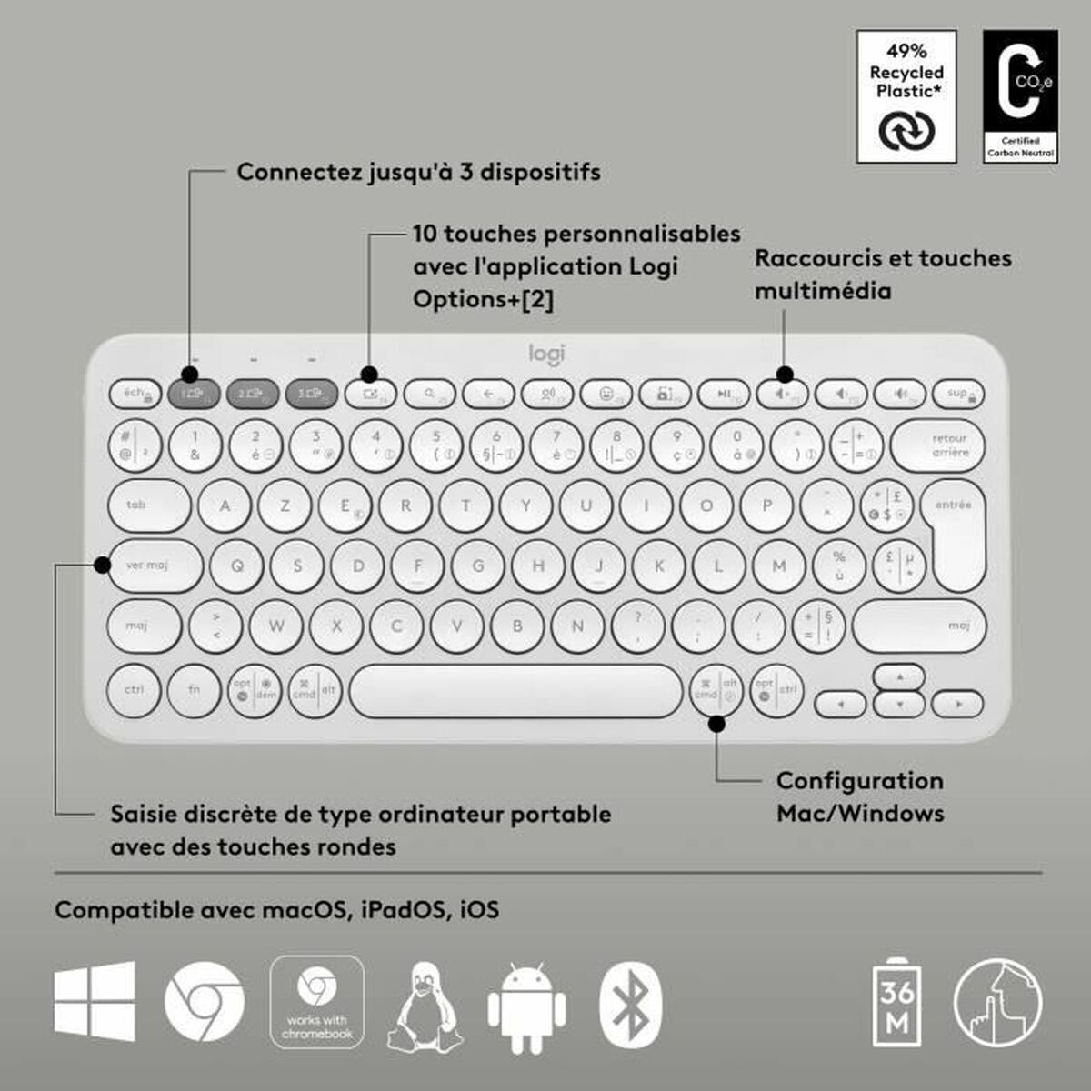 LOGITECH Pebble Keys 2 K380s - TONAL WHITE - (FRA) - BT - N/A - CENTRAL-419 - UNIVERSAL