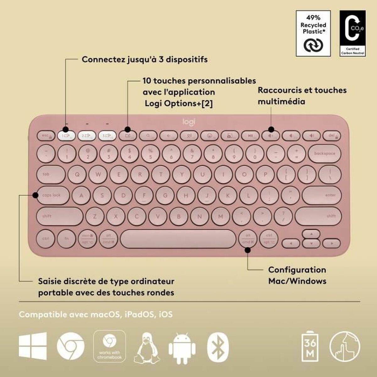 LOGITECH Pebble Keys 2 K380s - TONAL ROSE - (FRA) - BT - N/A - CENTRAL-419 - UNIVERSAL
