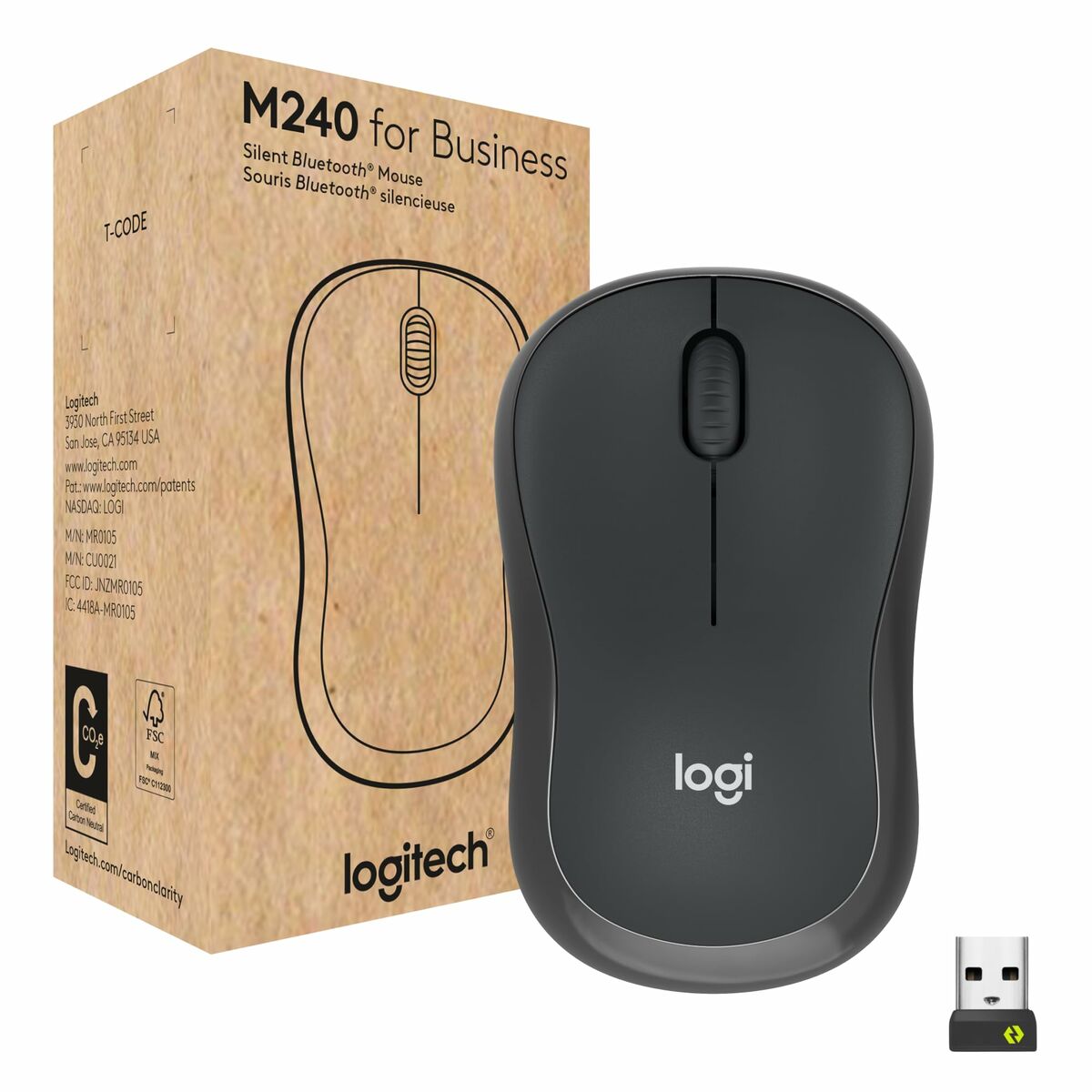 LOGITECH M240 for Business Mouse right and left-handed optical 3 buttons wireless Bluetooth Bolt USB receiver graphite