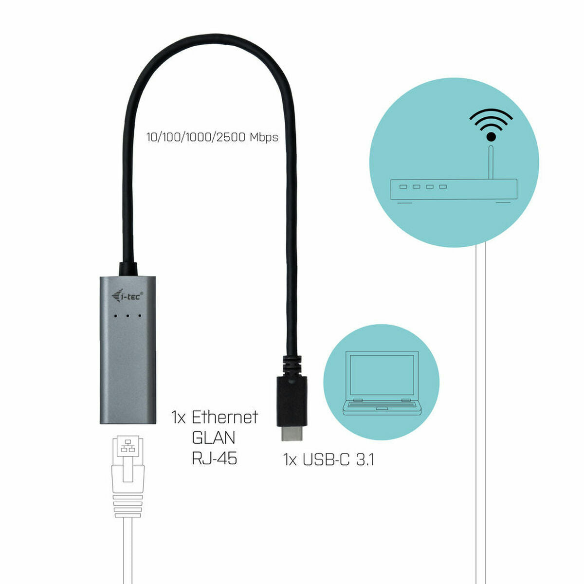 I-TEC USB-C Metal 2.5Gbps Ethernet Adapter 1x USB-C to RJ-45 LED compatible with Thunderbolt 3