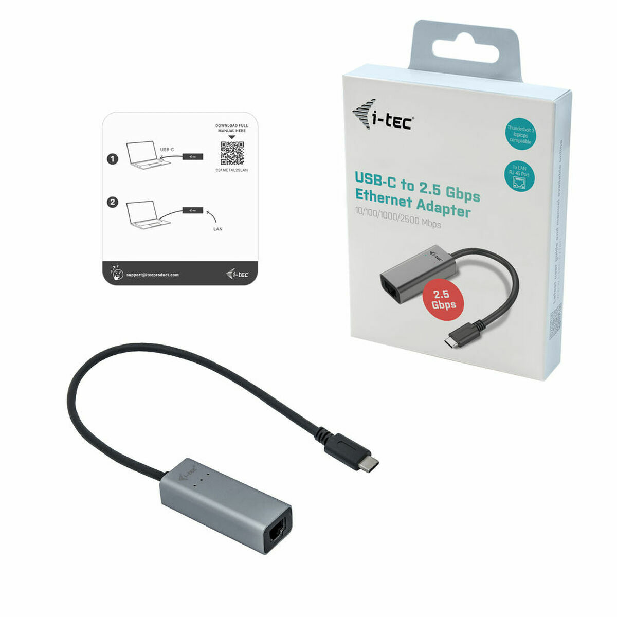 I-TEC USB-C Metal 2.5Gbps Ethernet Adapter 1x USB-C to RJ-45 LED compatible with Thunderbolt 3