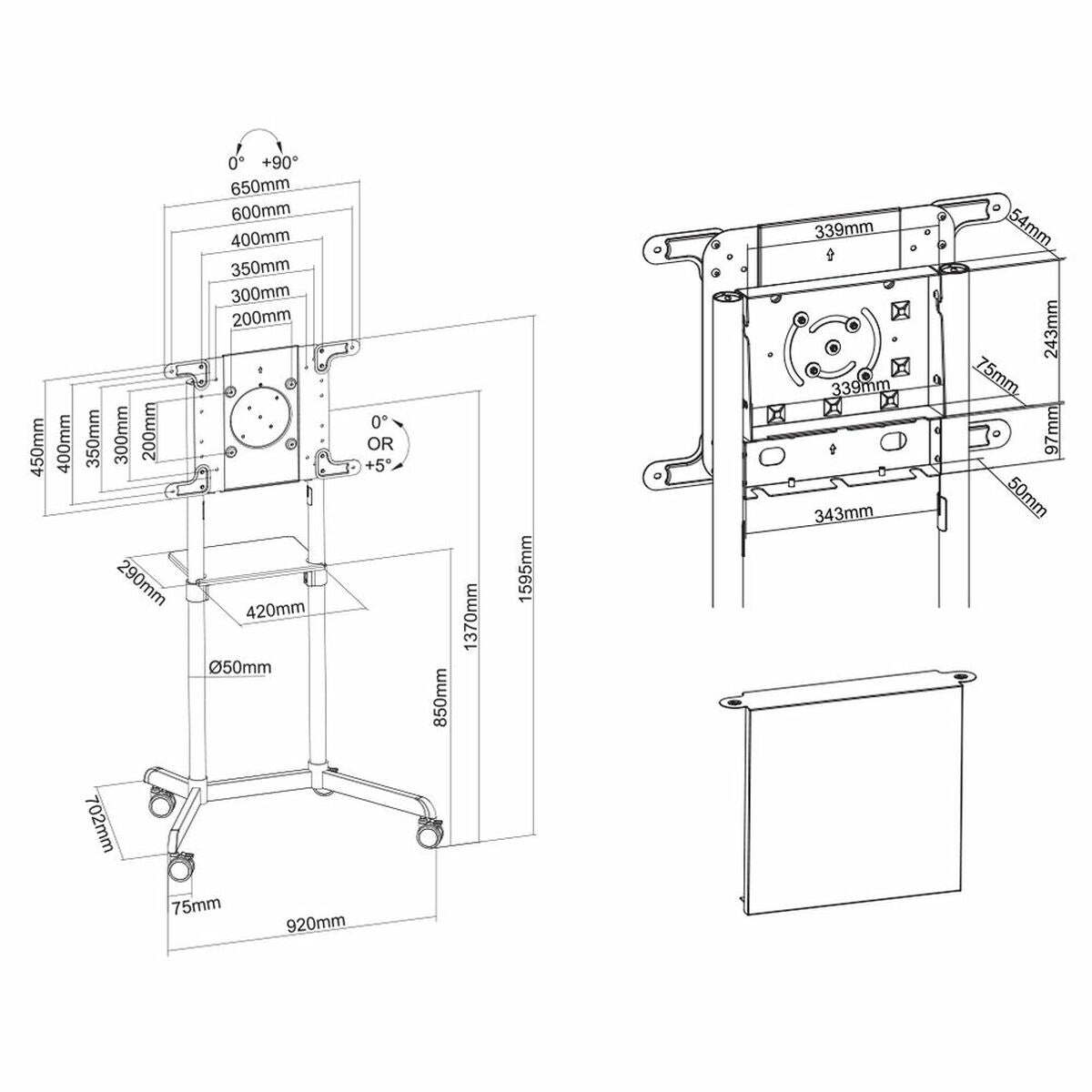 NEOMOUNTS NS-M1250BLACK Support au sol pour écran 37-70p - rotatif - étagère multimédia incluse