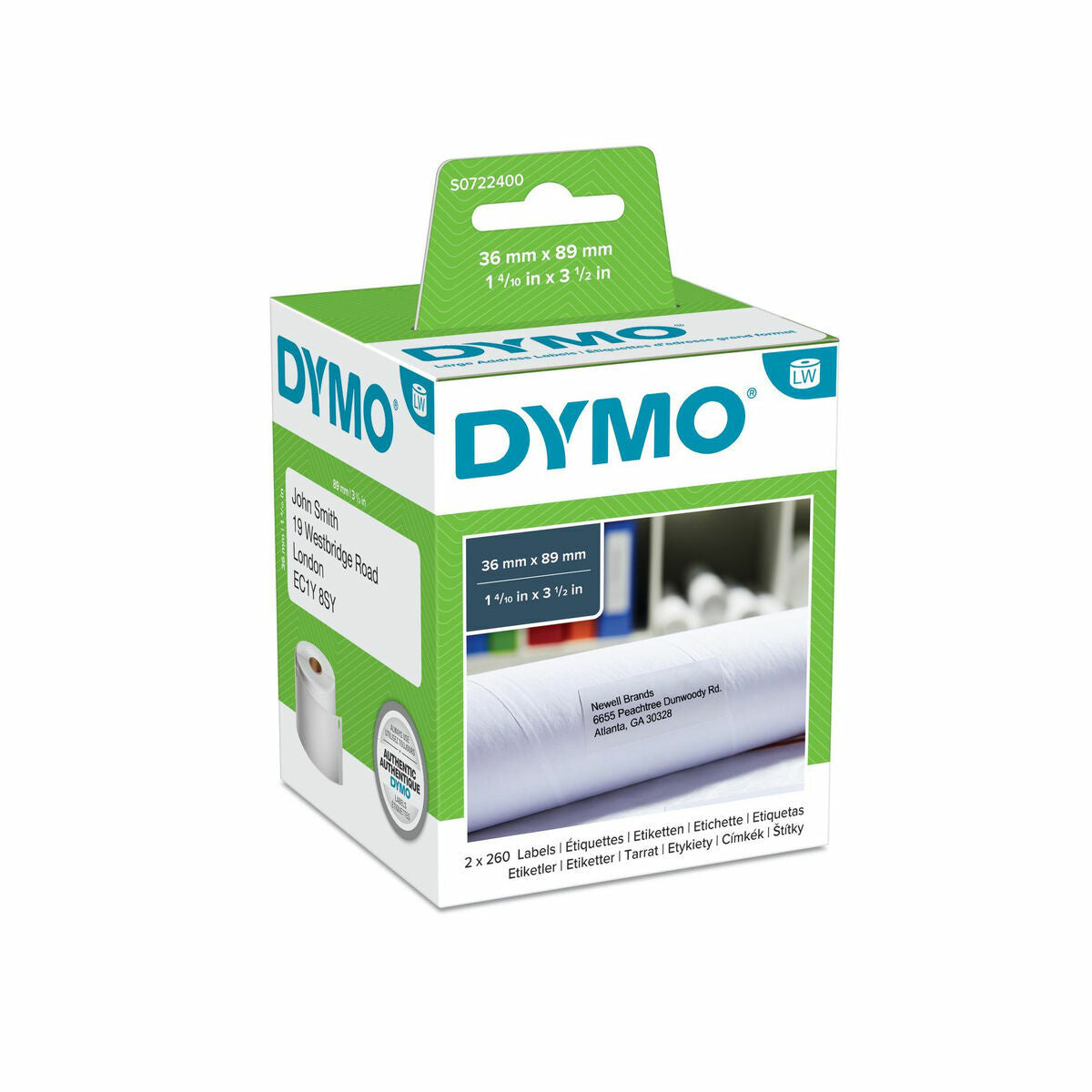 DYMO 2 rouleaux de 260 étiquettes noir sur blanc 89x36 mm