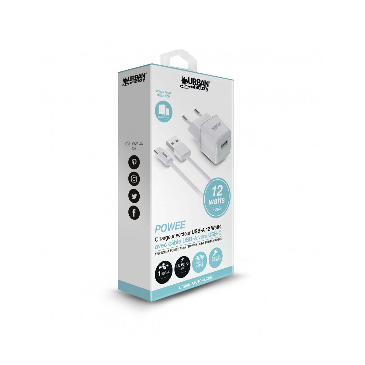 URBAN FACTORY POWER USB-A POWER ADAPTER 2.4A/12W WITH 1M USB-A TO USB-C CABLE