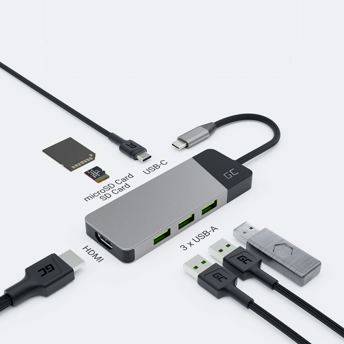 Green Cell HUBGC01 - USB Type-C - HDMI - USB 3.2 Gen 2 (3.1 Gen 2) Type-A - USB 3.2 Gen 2 (3.1 Gen 2) Type-C - MicroSD (TransFlash) - SD - 5000 Mbit/s - 60 Hz -