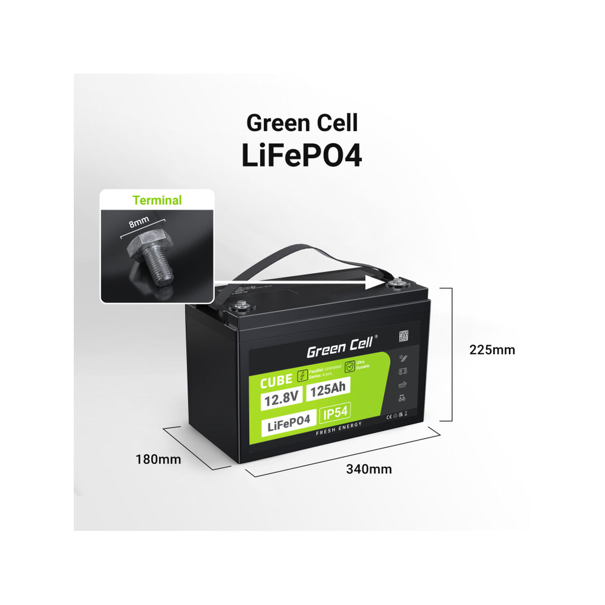 Green Cell LFPGC12V125AH CUBE LiFePO4 125Ah 12.8V 1600Wh Batterie Lithium-Fer-Phosphate pour Camping-car, Solaire, Off-Grid, Bateau