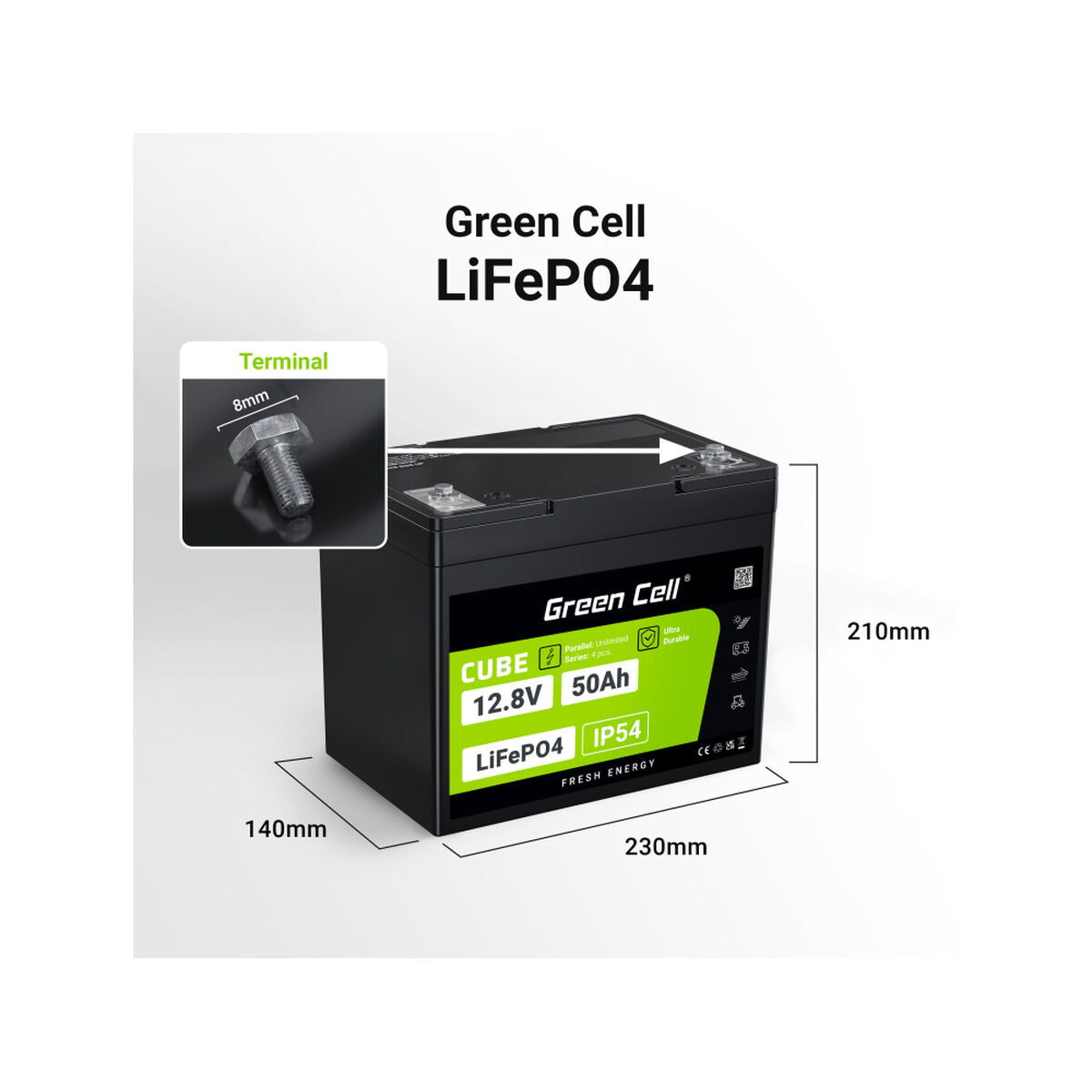 Green Cell LFPGC12V50AH CUBE Batterie LiFePO4 50Ah 12.8V 640Wh Lithium-Fer-Phosphate pour Camping-car, Chariot de golf, Éolienne