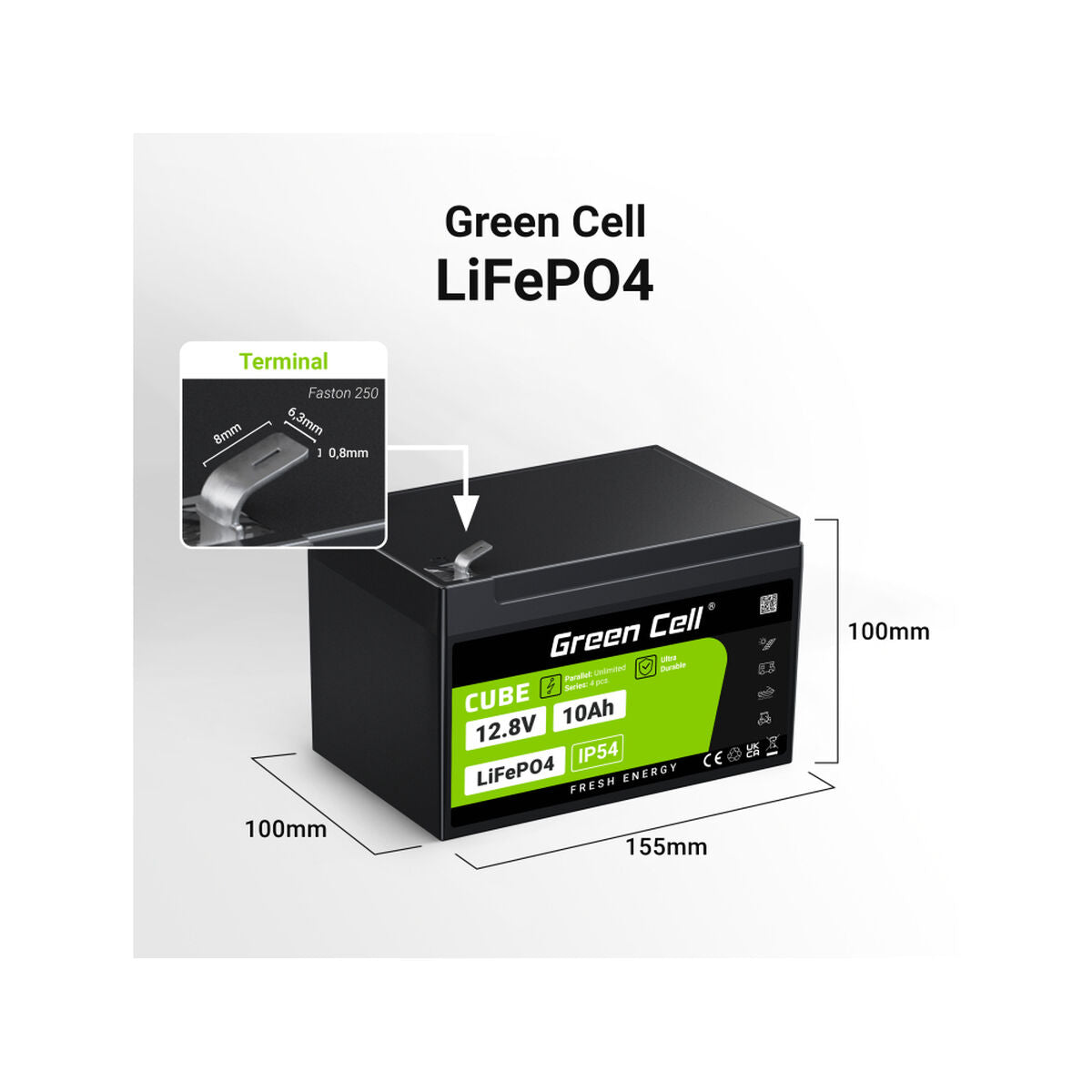Green Cell LFPGC12V10AH CUBE Batterie LiFePO4 10Ah 12.8V 128Wh Lithium-Fer-Phosphate pour alimentation de secours et éclairage, centrales d'alarme