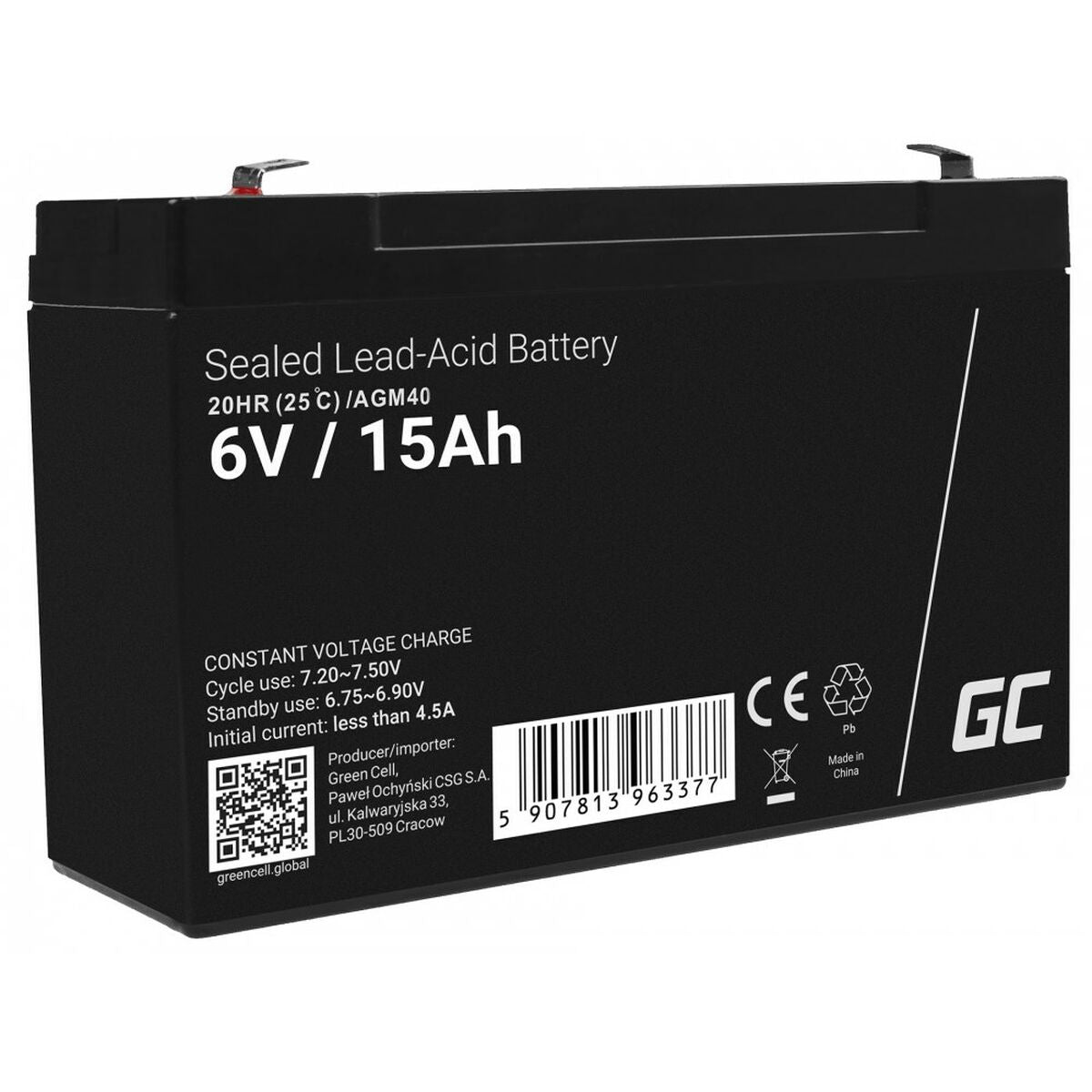 Green Cell AGM40 - 6 V - 1 piece(s) - Noir - 15 Ah - 1,8 kg - 151 mm