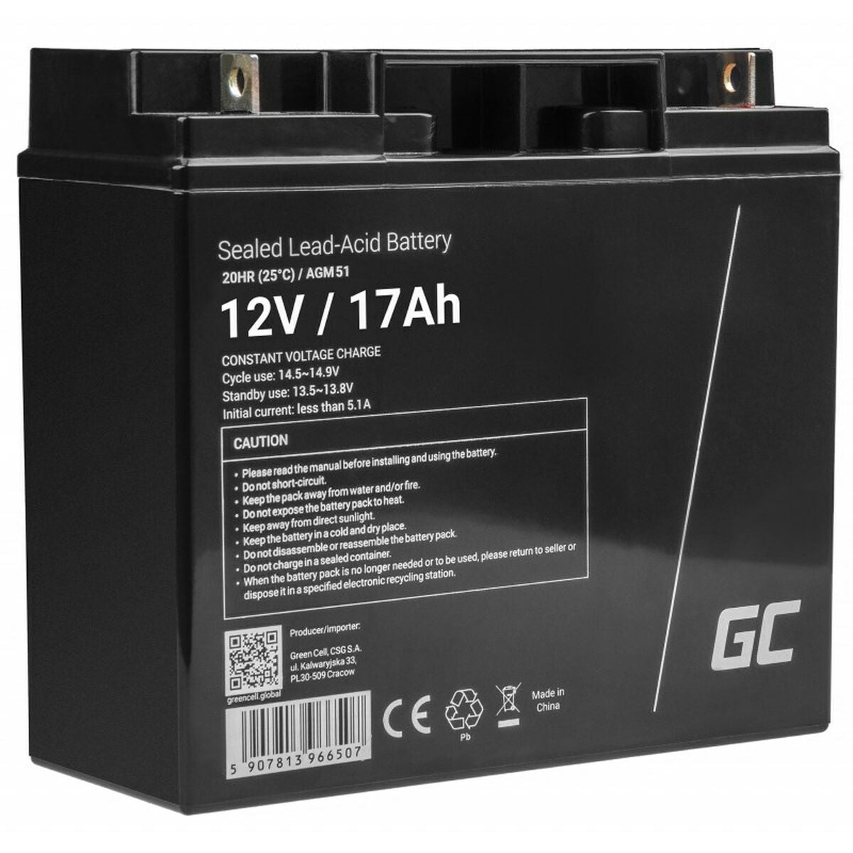 Green Cell AGM Battery Lead Acid VRLA 12V 17Ah for motor boats and electric - Battery - 17.000 mAh