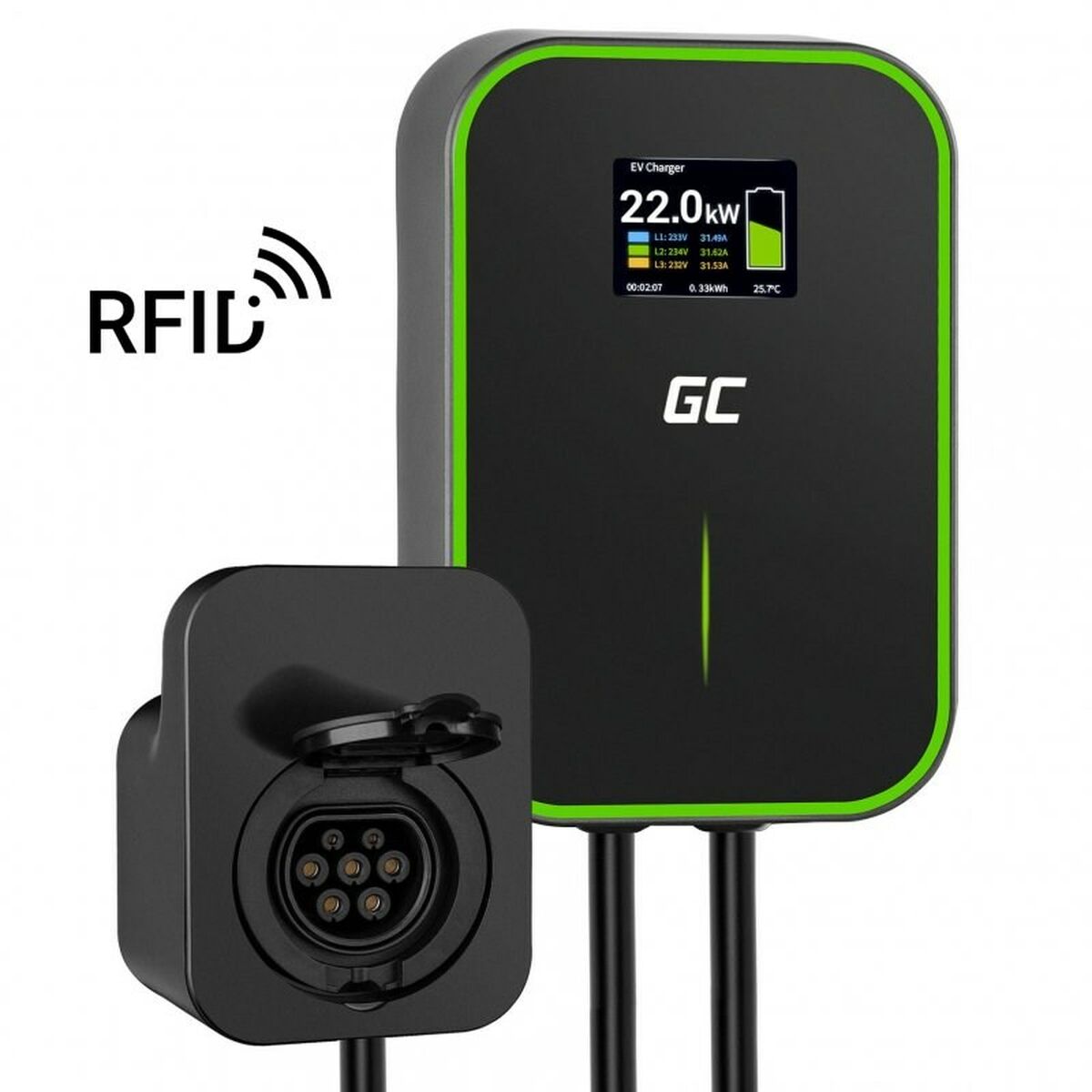Chargeur Wallbox Green Cell EV Powerbox RFID 22KW avec prise de type 2