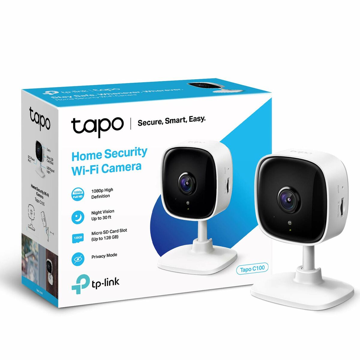 TP-LINK Tapo C100 Home Security WiFi Camera Day/Night view 1080p Full HD resolution Micro SD card storageUp to 128GB H.264 Video