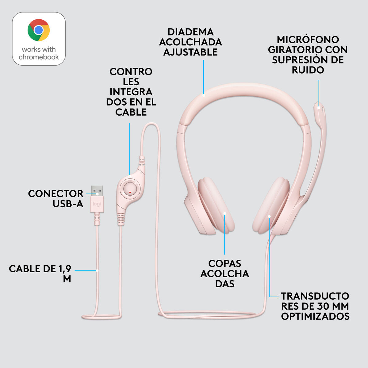 LOGITECH H390 Headset on-ear wired USB-A rose