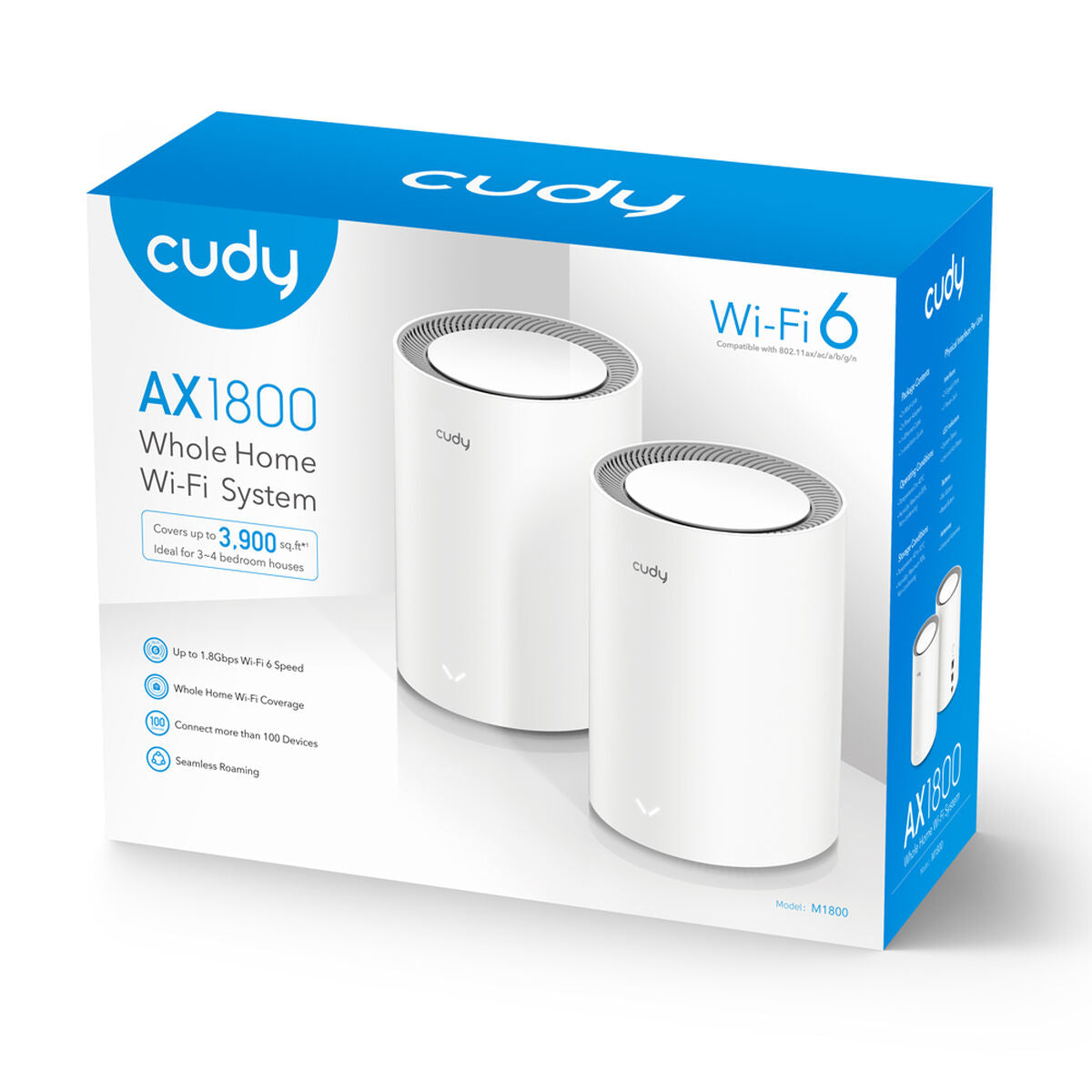 Cudy M1800 2-pack Bi-bande (2,4 GHz / 5 GHz) Wi-Fi 6 (802.11ax) Blanc 1 Interne
