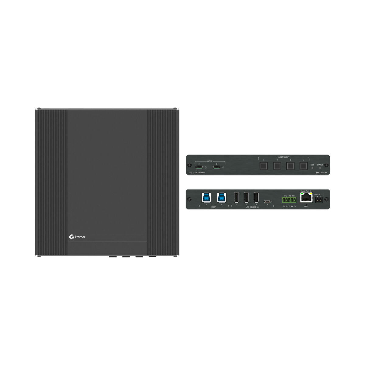Kramer 4x1 USB 3.2 host PoE-acceptor managed switcher with 4 devices