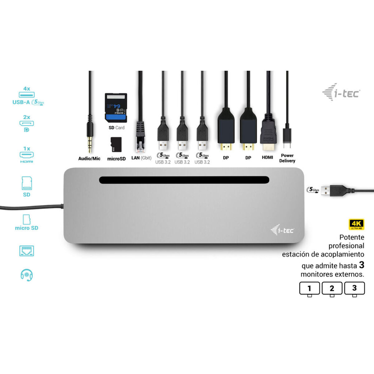 I-TEC USB-C Metal Ergonomic 4K 3x Display Docking Station with PD 100 W
