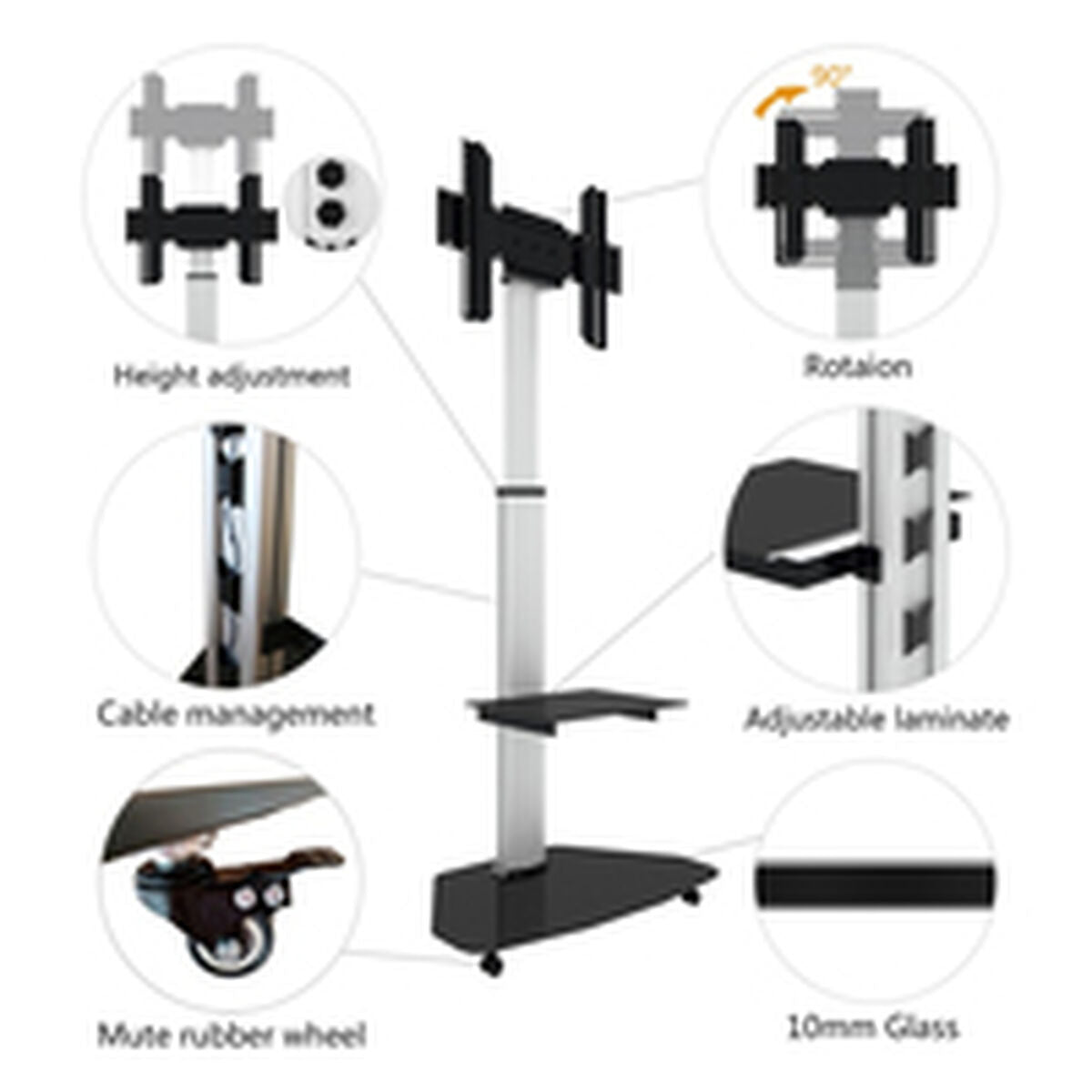 "Techly ICA-TR3SL Support TV mobile 37-70"" jusqu'a 40kg réglable 2 étageres"