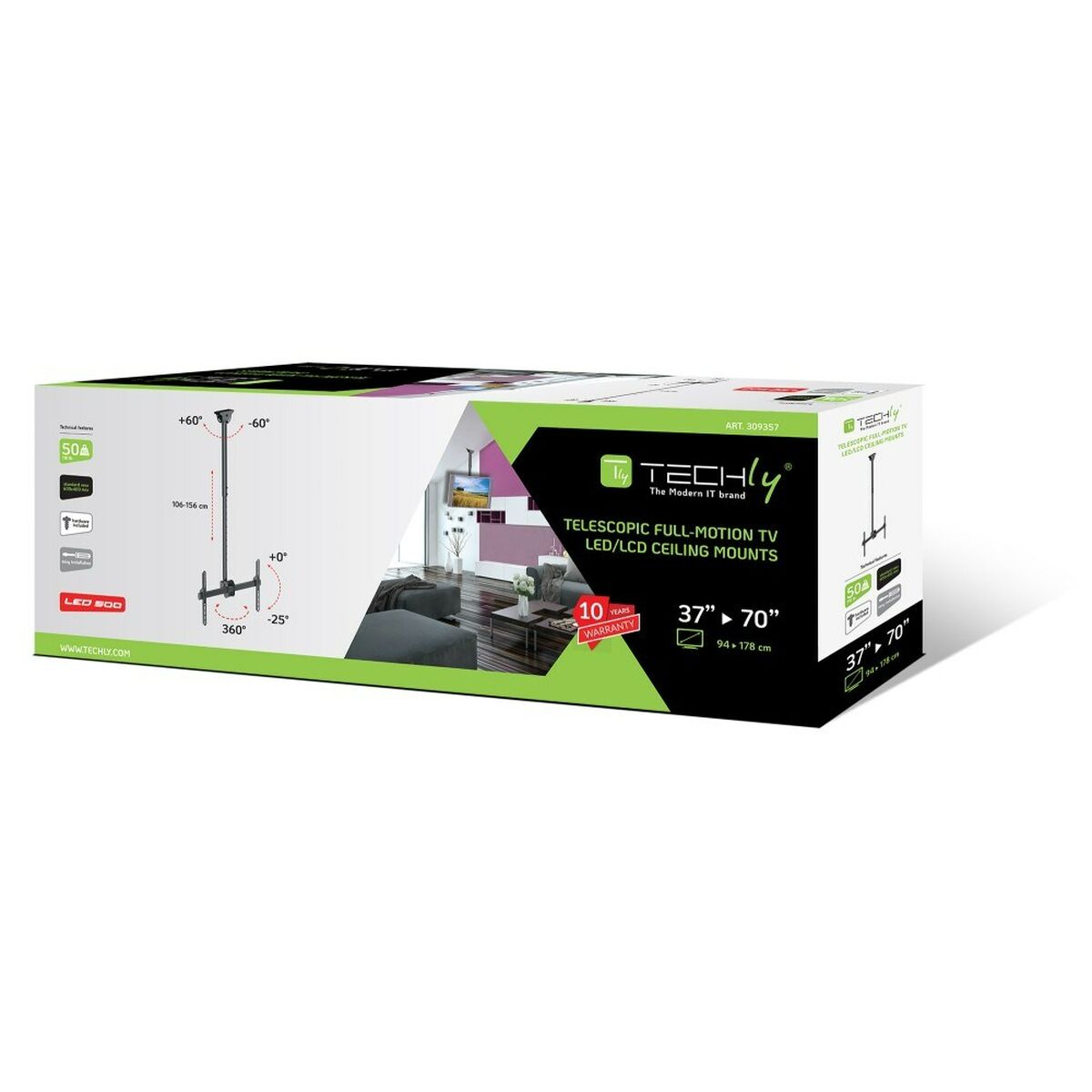 "Techly ICA-CPLB 946L Support de plafond pour TV 37-70"" LED/LCD 50kg réglable"